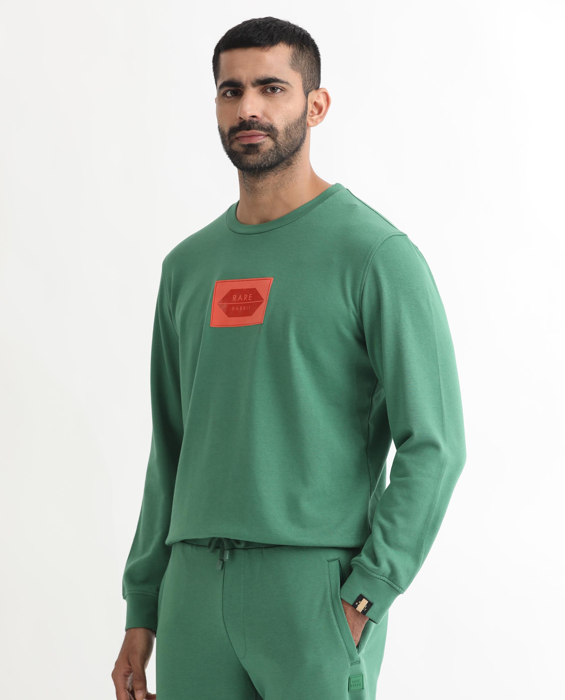 Rare Rabbit Men's Pectin Green Cotton Polyester Fabric Full Sleeves Graphic Print Sweatshirt