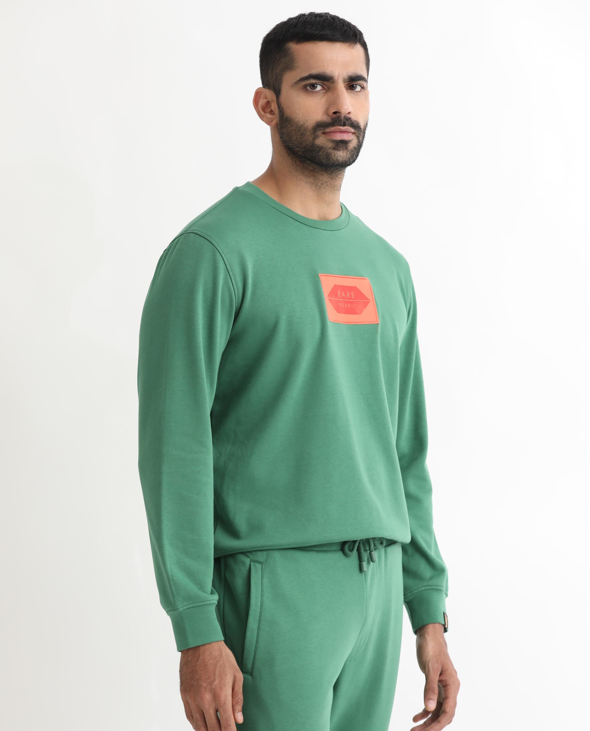 Rare Rabbit Men's Pectin Green Cotton Polyester Fabric Full Sleeves Graphic Print Sweatshirt
