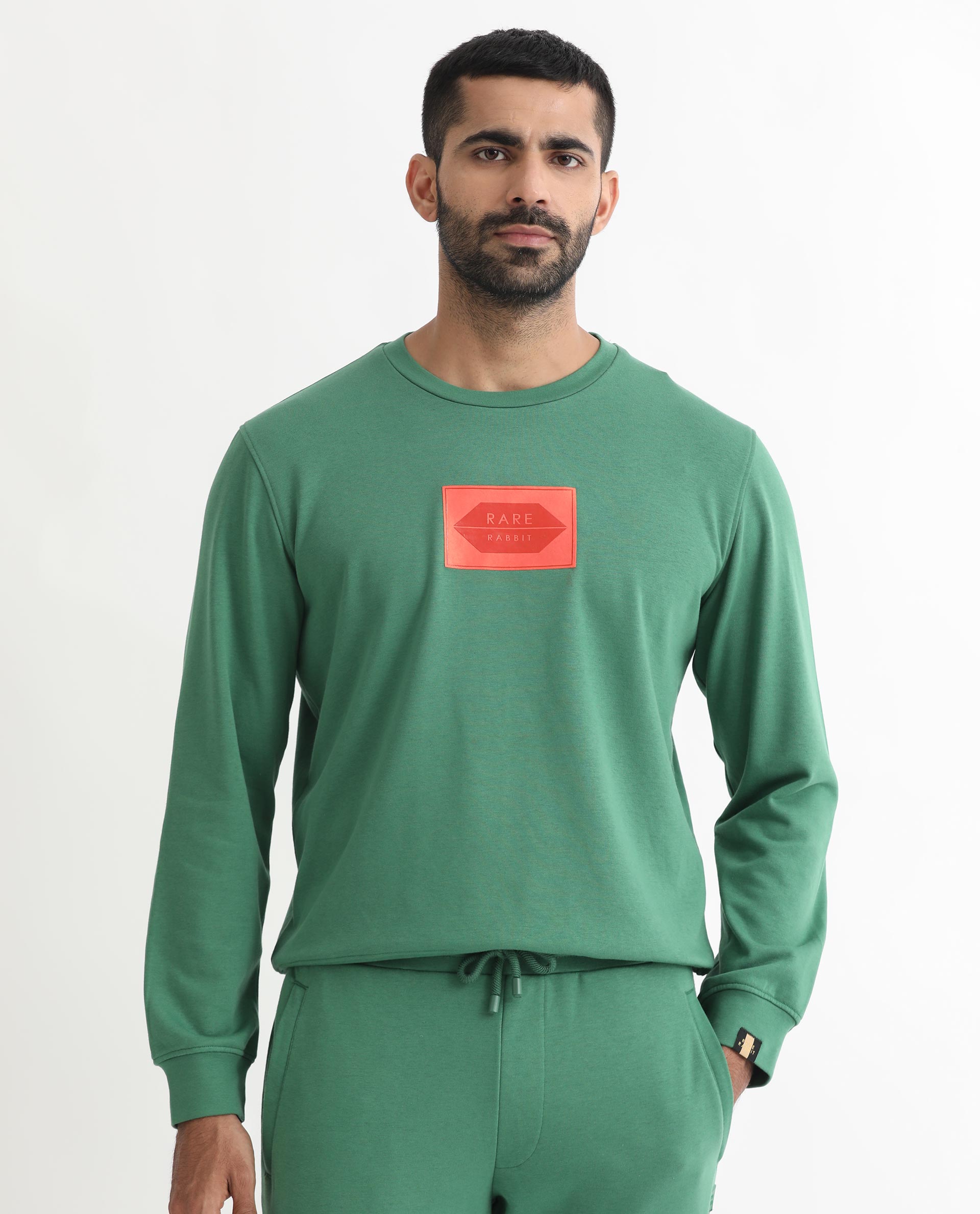 Rare Rabbit Men's Pectin Green Cotton Polyester Fabric Full Sleeves Graphic Print Sweatshirt