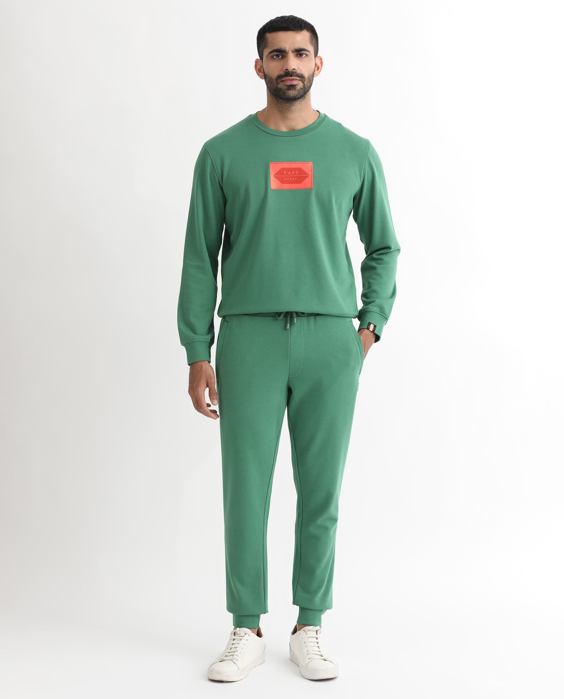 Rare Rabbit Men's Pectin Green Cotton Polyester Fabric Full Sleeves Graphic Print Sweatshirt