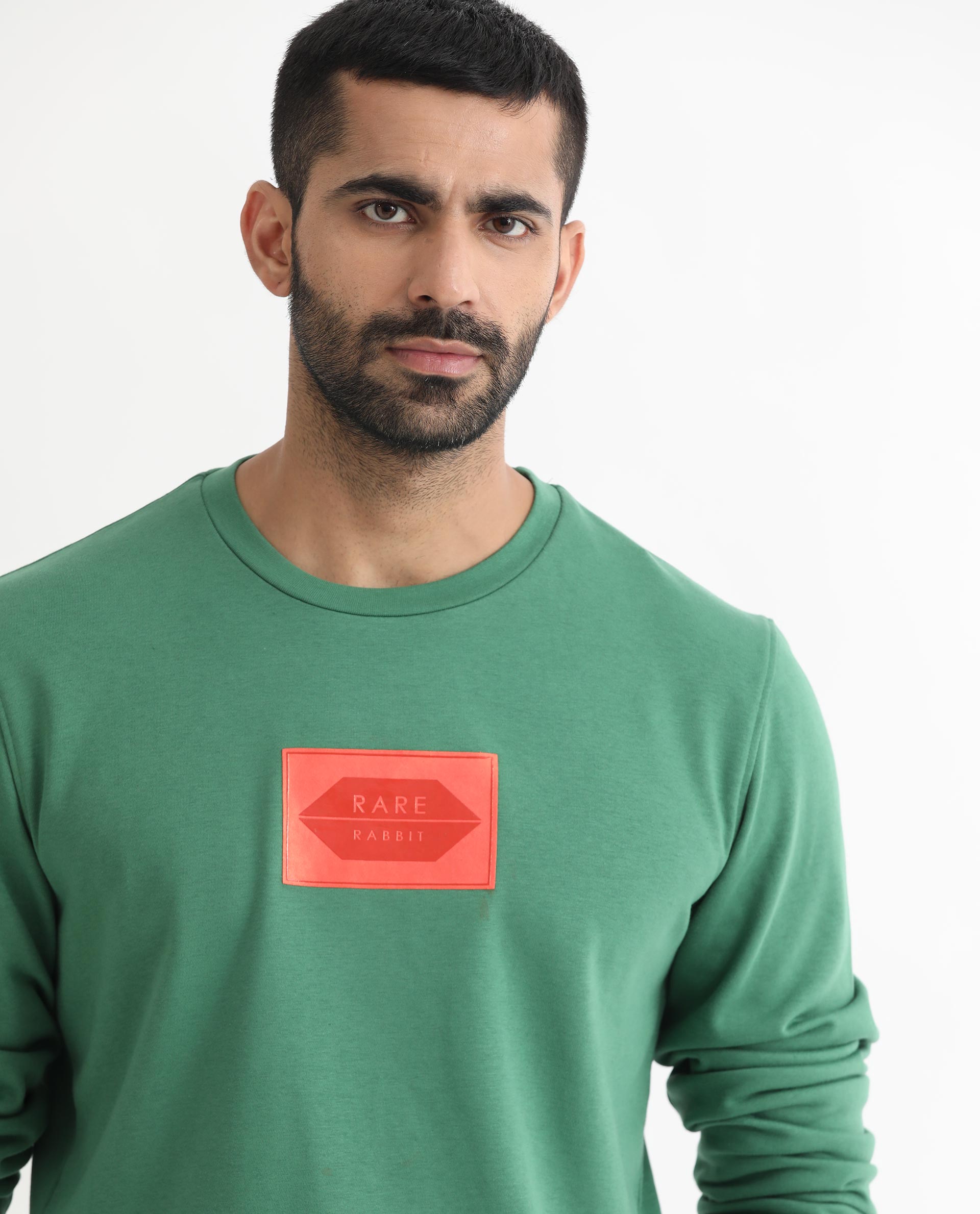 Rare Rabbit Men's Pectin Green Cotton Polyester Fabric Full Sleeves Graphic Print Sweatshirt