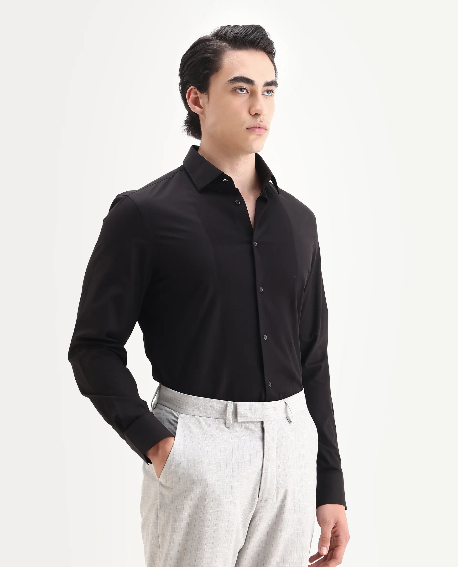 Rare Rabbit Men's Pedron-25 Black Cotton Spread Collar Regular Fit Jacquard Shirt