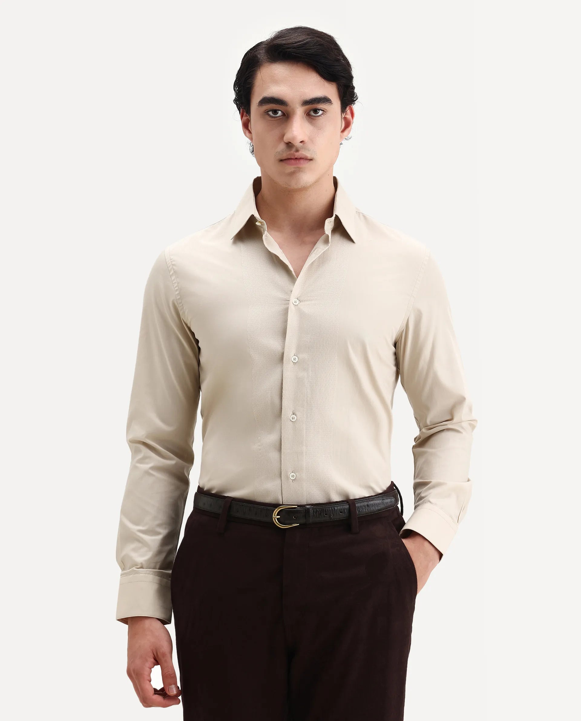 Rare Rabbit Men's Pedron Beige Cotton Plain Regular Fit Full Sleeve Collared Shirt