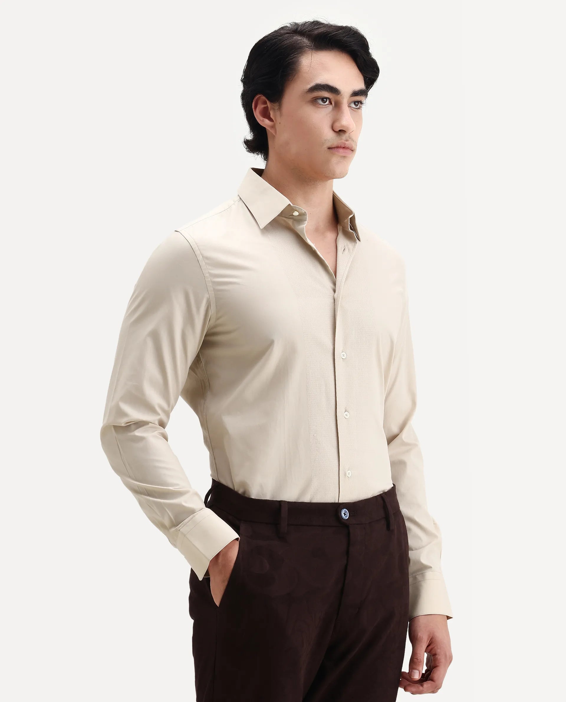 Rare Rabbit Men's Pedron Beige Cotton Plain Regular Fit Full Sleeve Collared Shirt