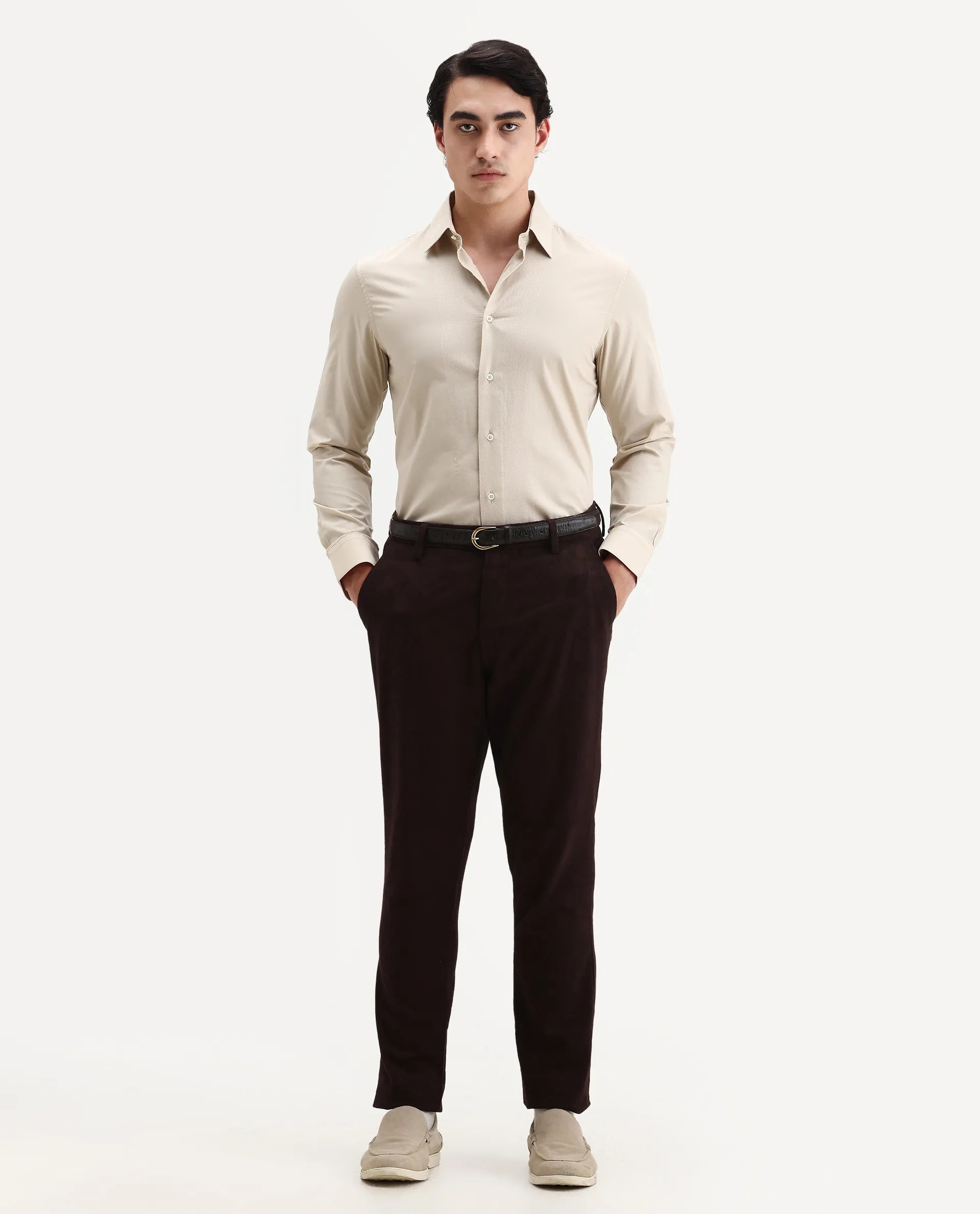 Rare Rabbit Men's Pedron Beige Cotton Plain Regular Fit Full Sleeve Collared Shirt