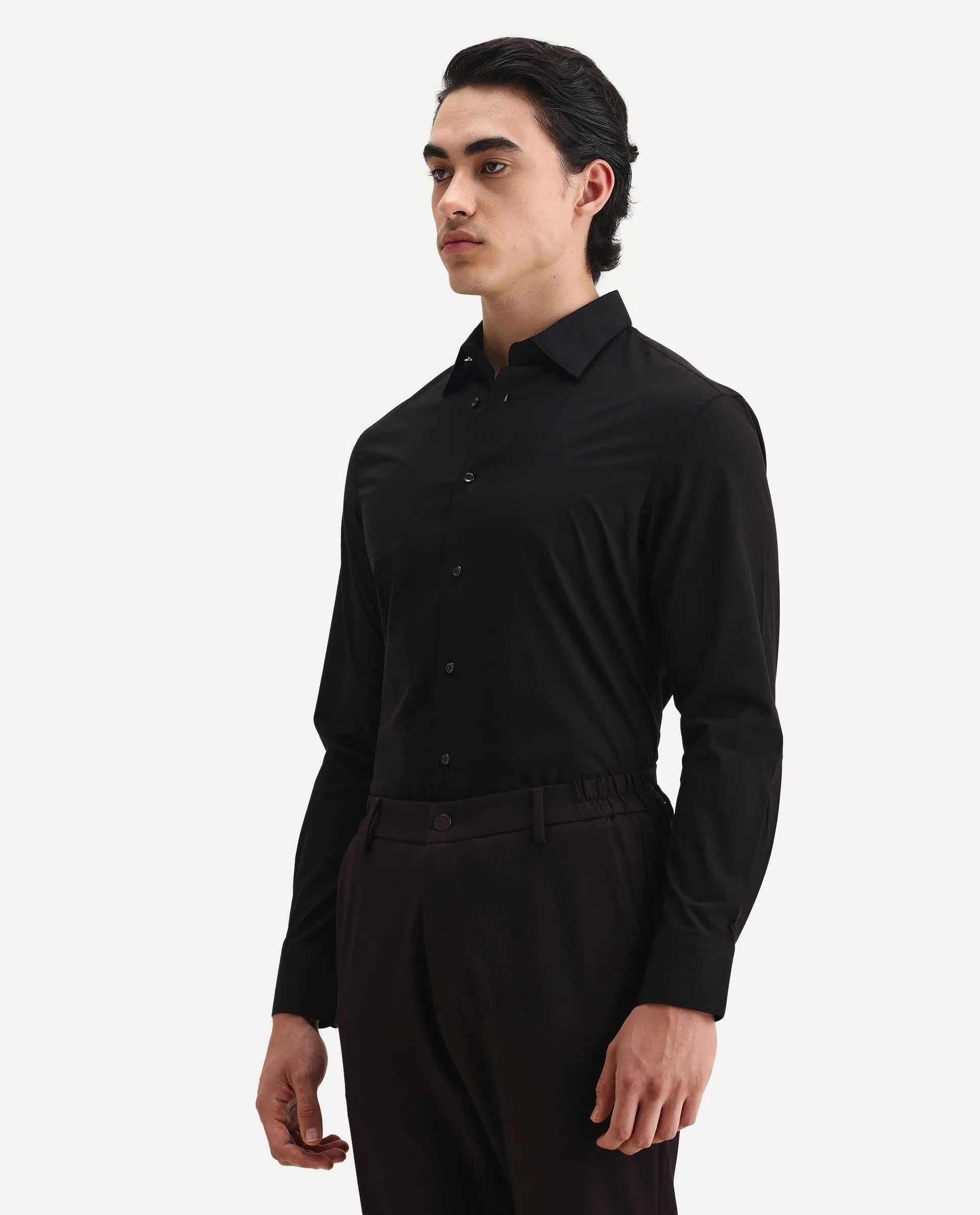 Rare Rabbit Men's Pedron Black Cotton Plain Regular Fit Full Sleeve Collared Shirt