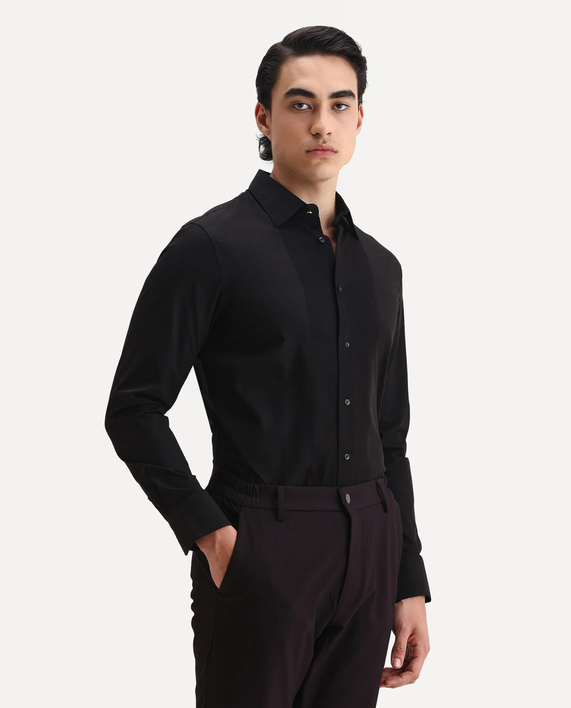 Rare Rabbit Men's Pedron Black Cotton Plain Regular Fit Full Sleeve Collared Shirt