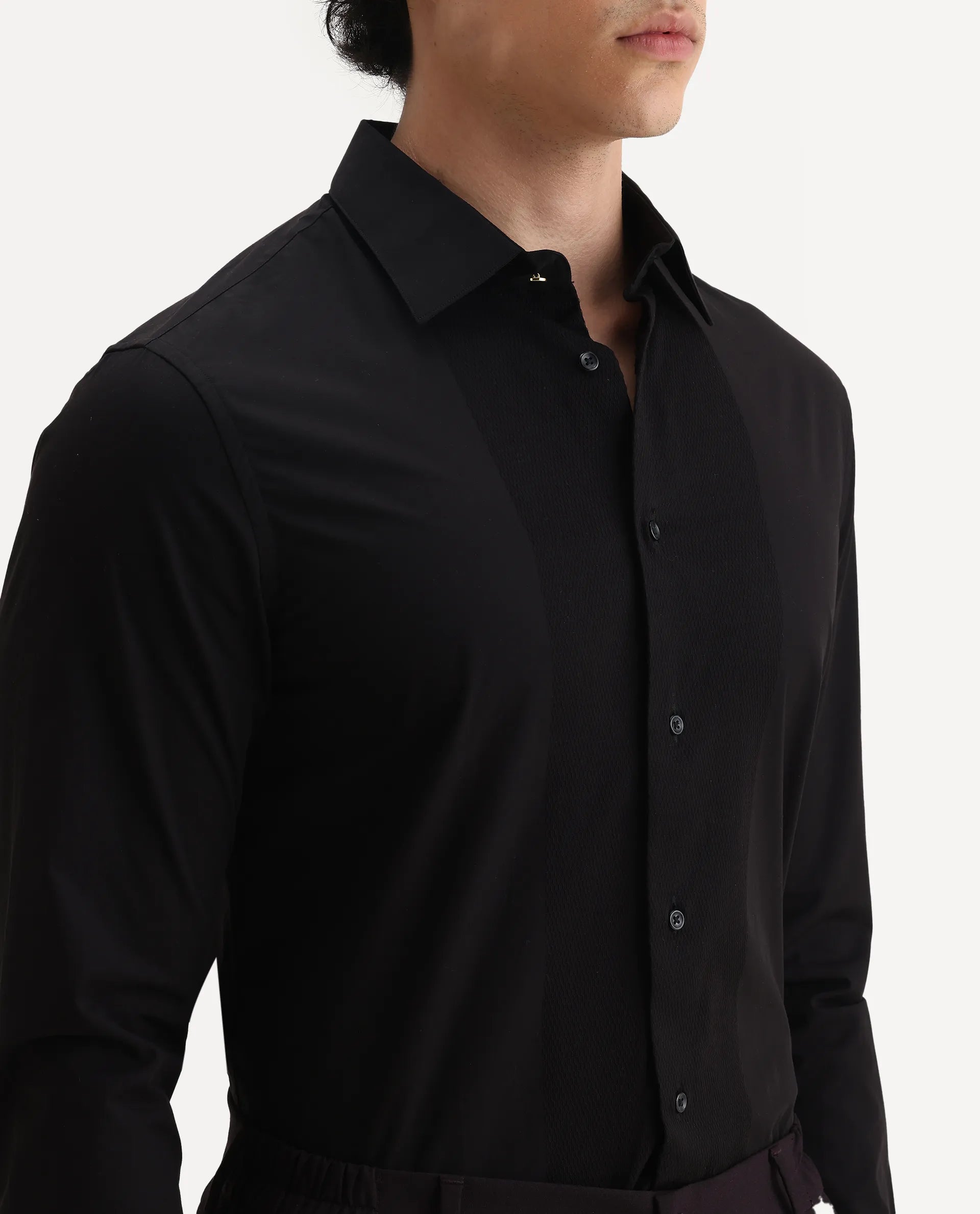Rare Rabbit Men's Pedron Black Cotton Plain Regular Fit Full Sleeve Collared Shirt