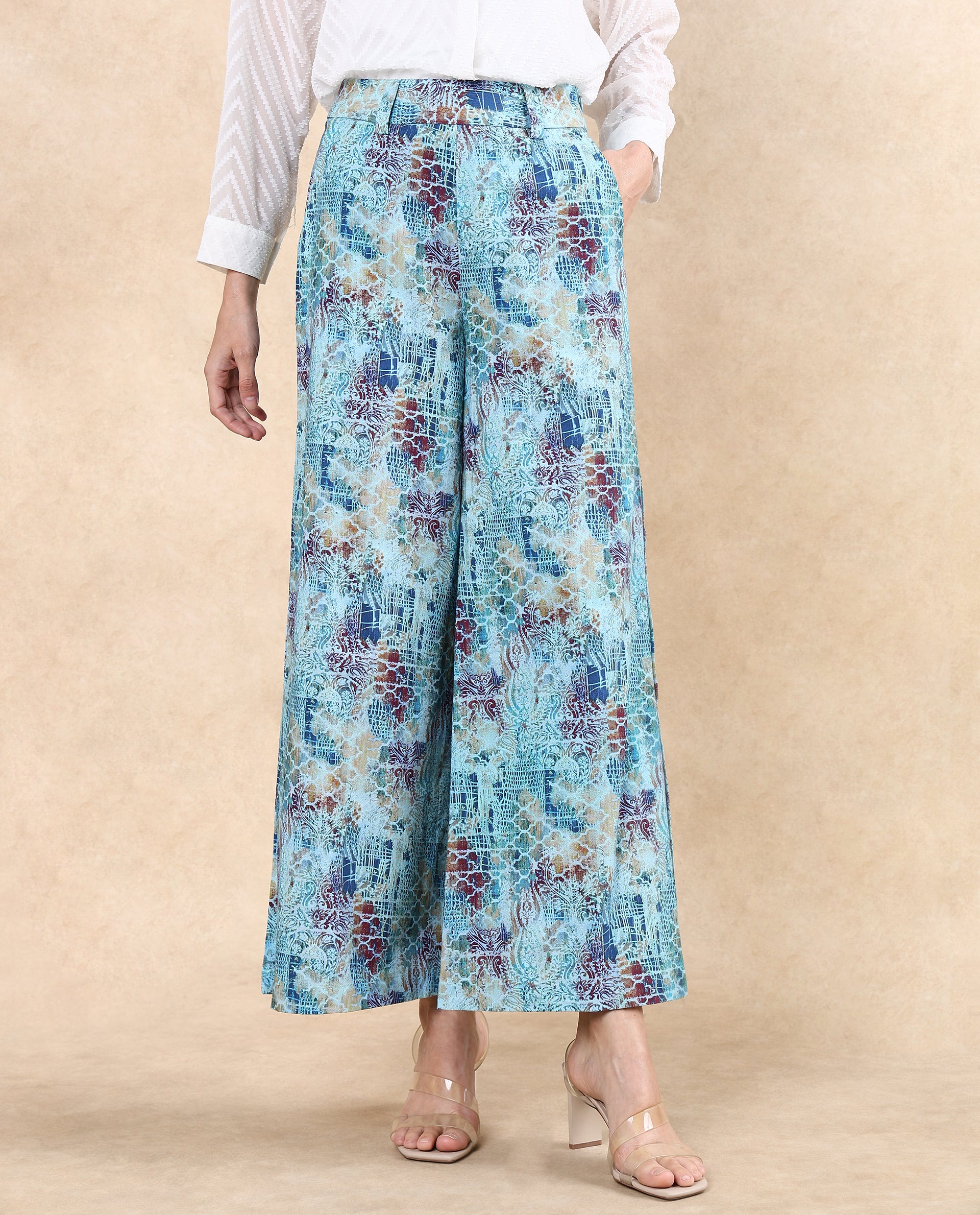 Rareism Women Pescara Multi Button Closure Wide Fit Ankle Length Abstract Print Trouser