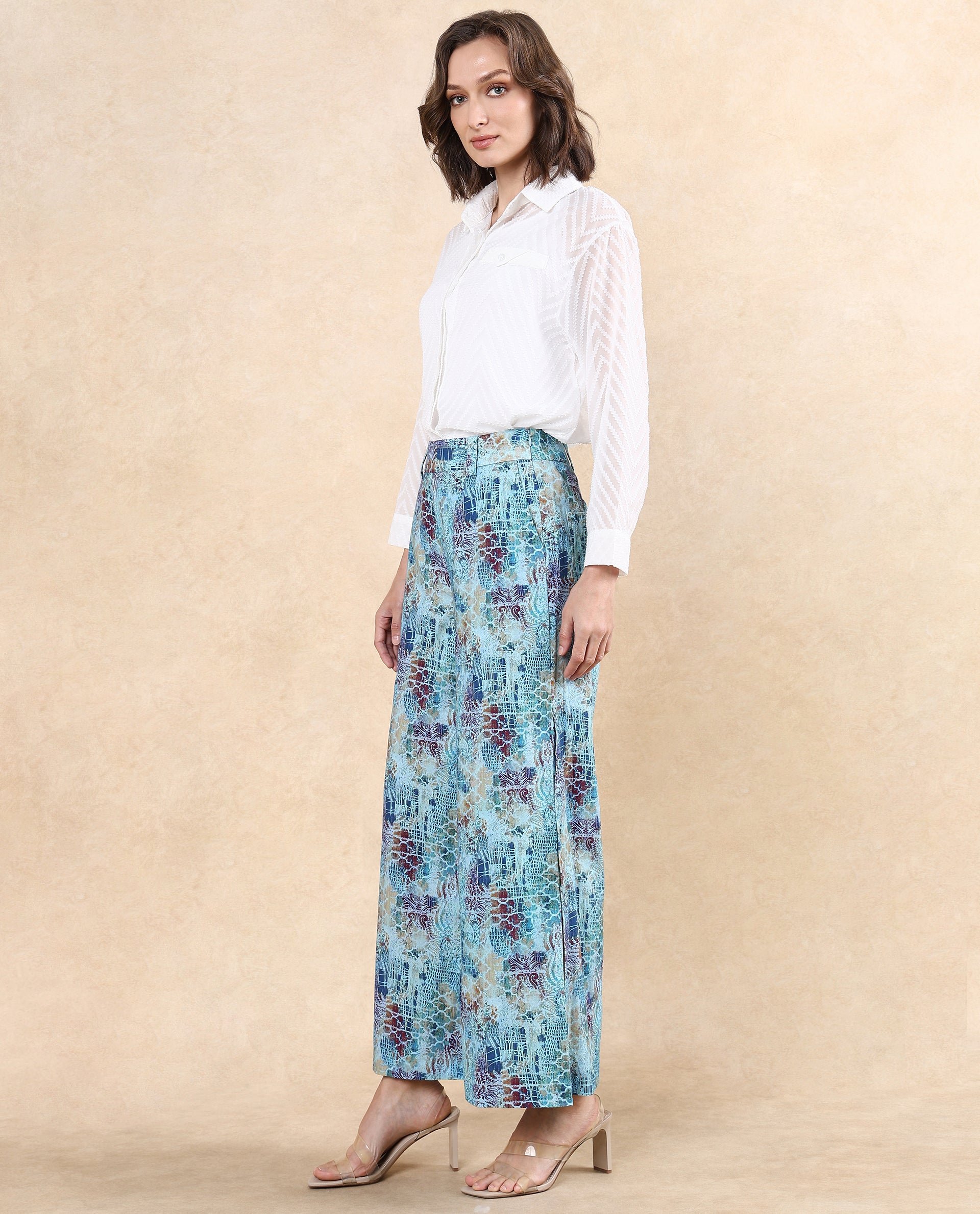 Rareism Women Pescara Multi Button Closure Wide Fit Ankle Length Abstract Print Trouser