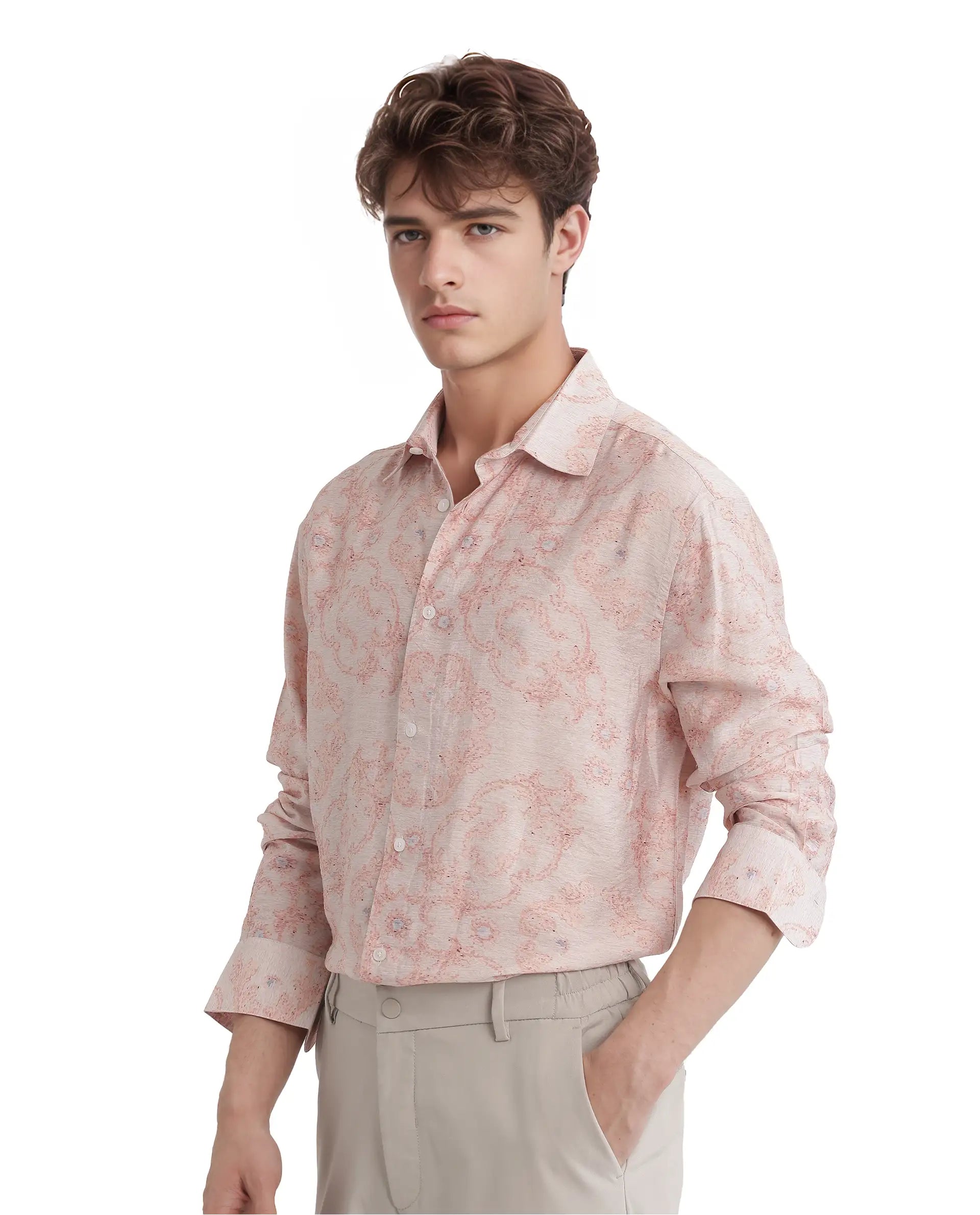 Rare Rabbit Men Pelden Dusky Pink Viscose Fabric Full Sleeve Regular Collared Floral Printed Shirt