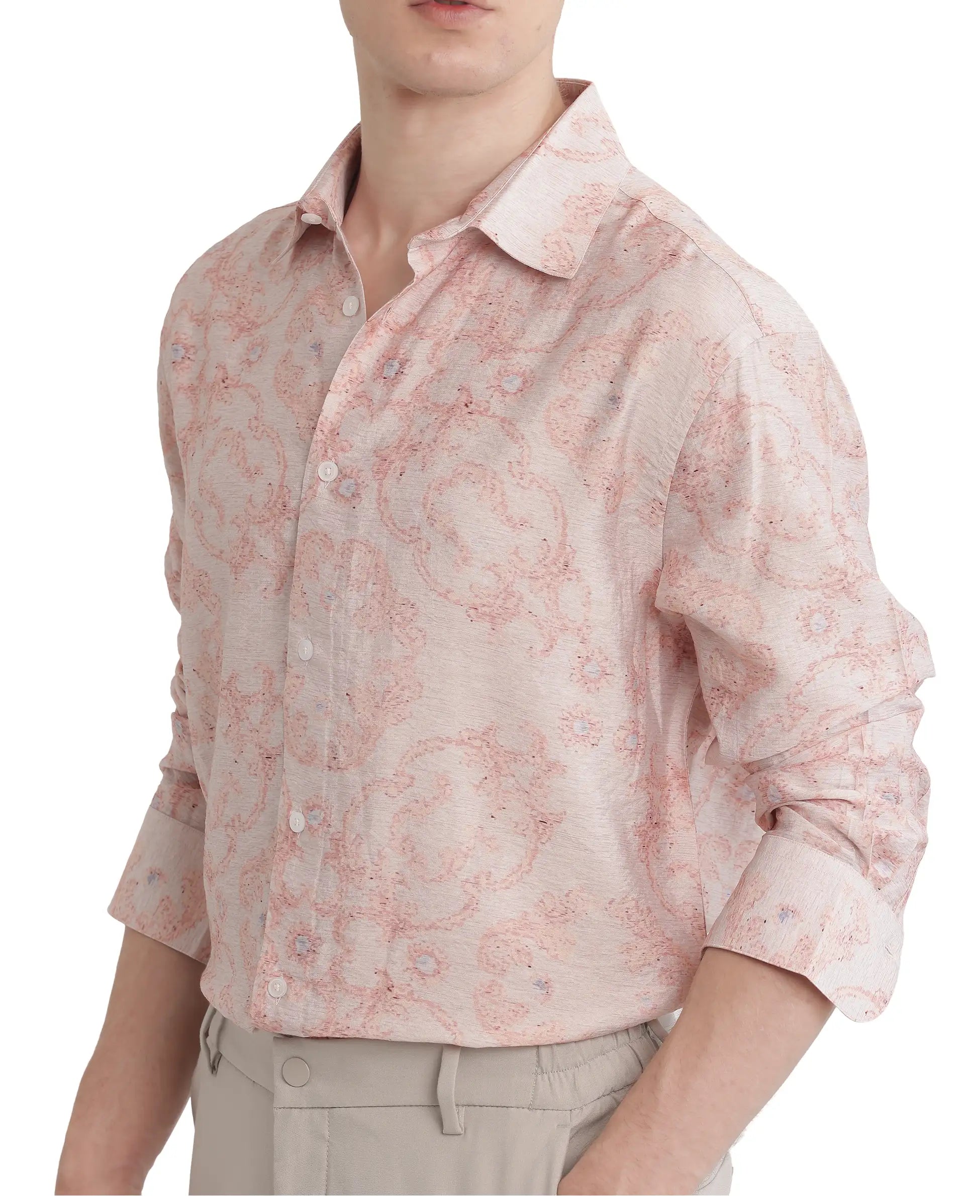 Rare Rabbit Men Pelden Dusky Pink Viscose Fabric Full Sleeve Regular Collared Floral Printed Shirt