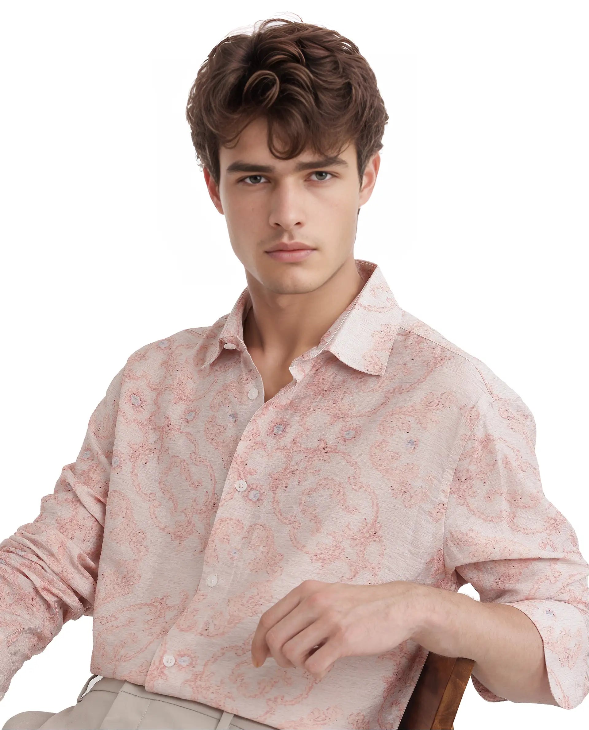 Rare Rabbit Men Pelden Dusky Pink Viscose Fabric Full Sleeve Regular Collared Floral Printed Shirt