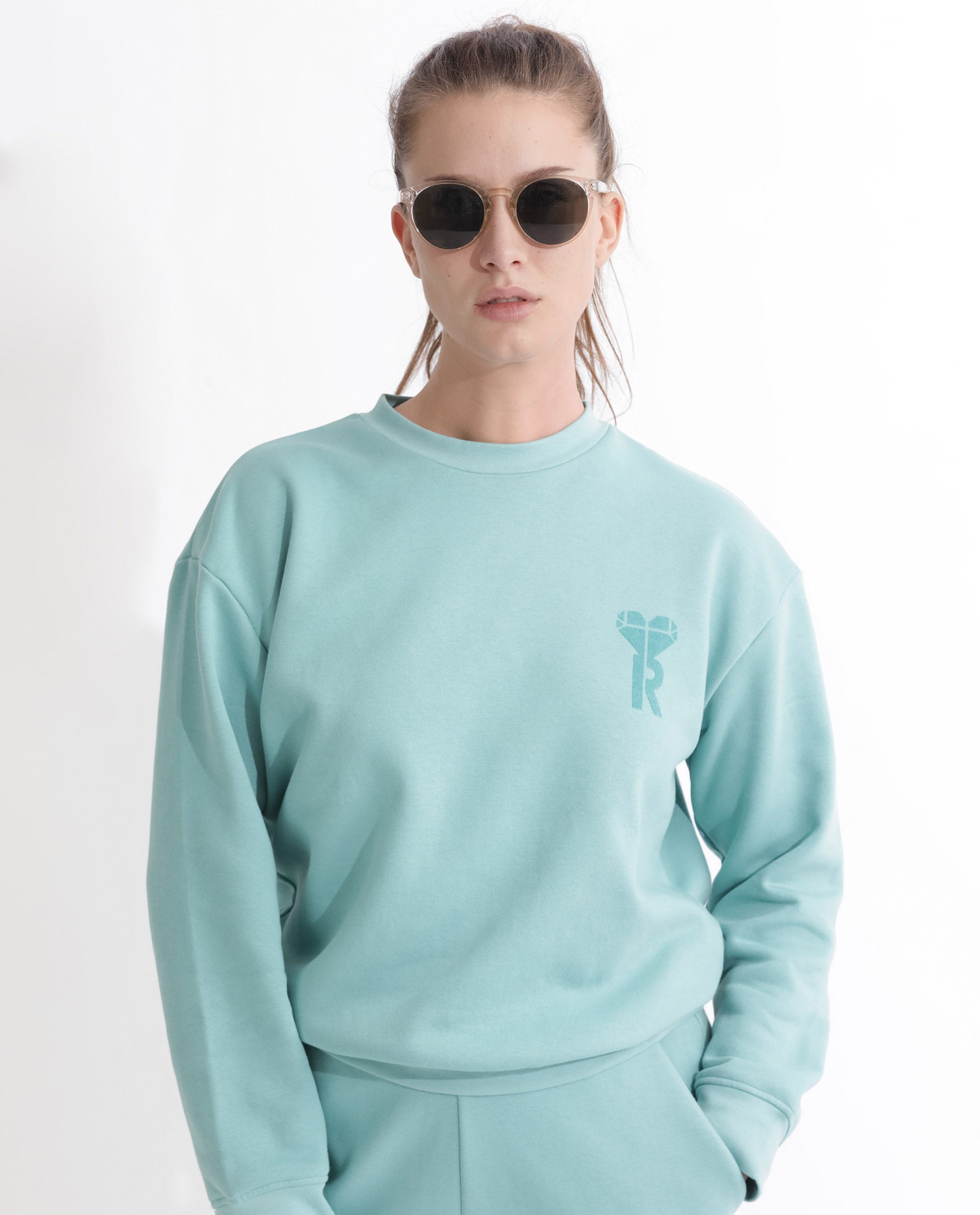 Rareism Articale Women Pelso Turq Poly Cotton Fabric Full Sleeves Cuffed Sleeve Ribbed Collar Relaxed Fit Plain Sweatshirt