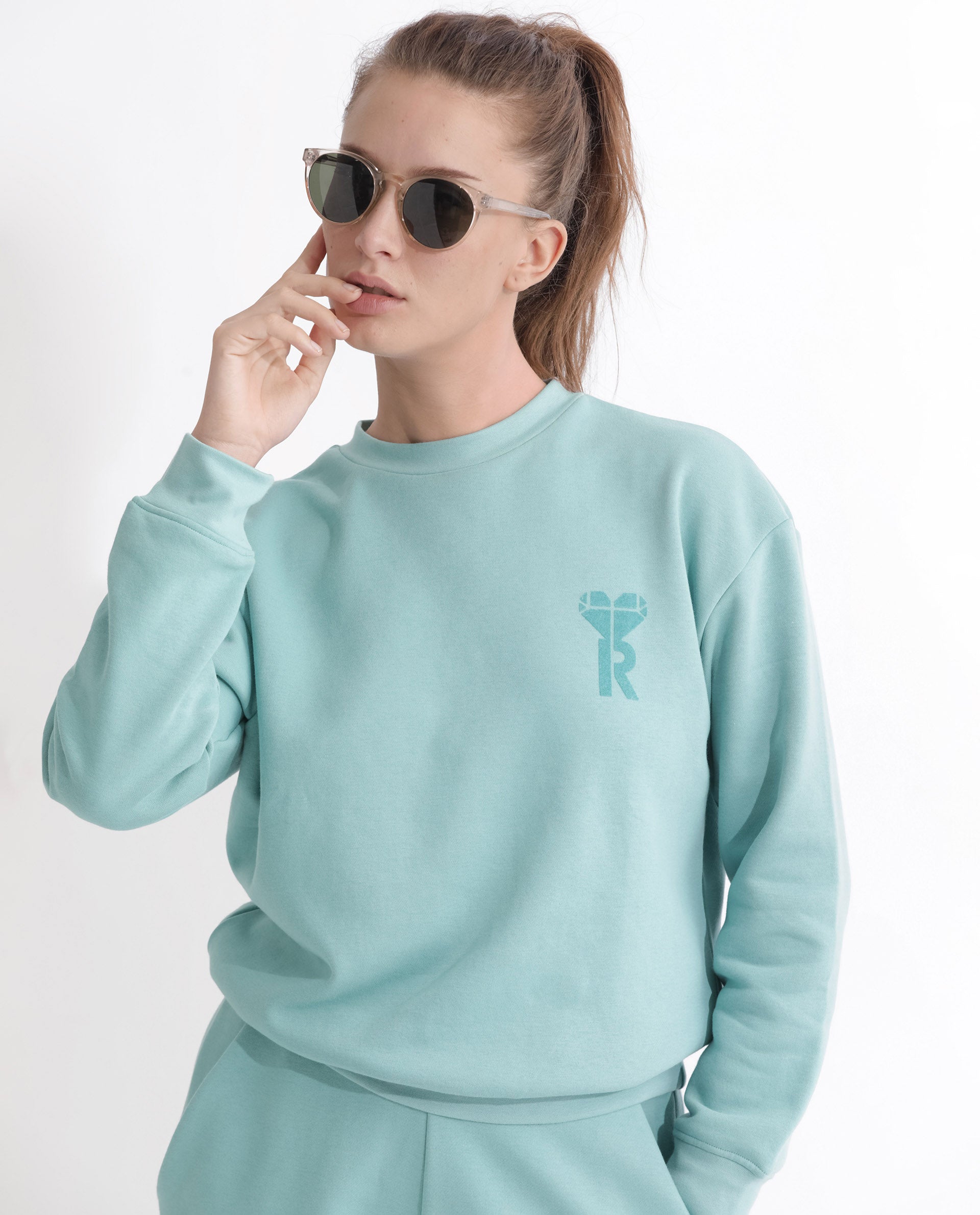 Rareism Articale Women Pelso Turq Poly Cotton Fabric Full Sleeves Cuffed Sleeve Ribbed Collar Relaxed Fit Plain Sweatshirt