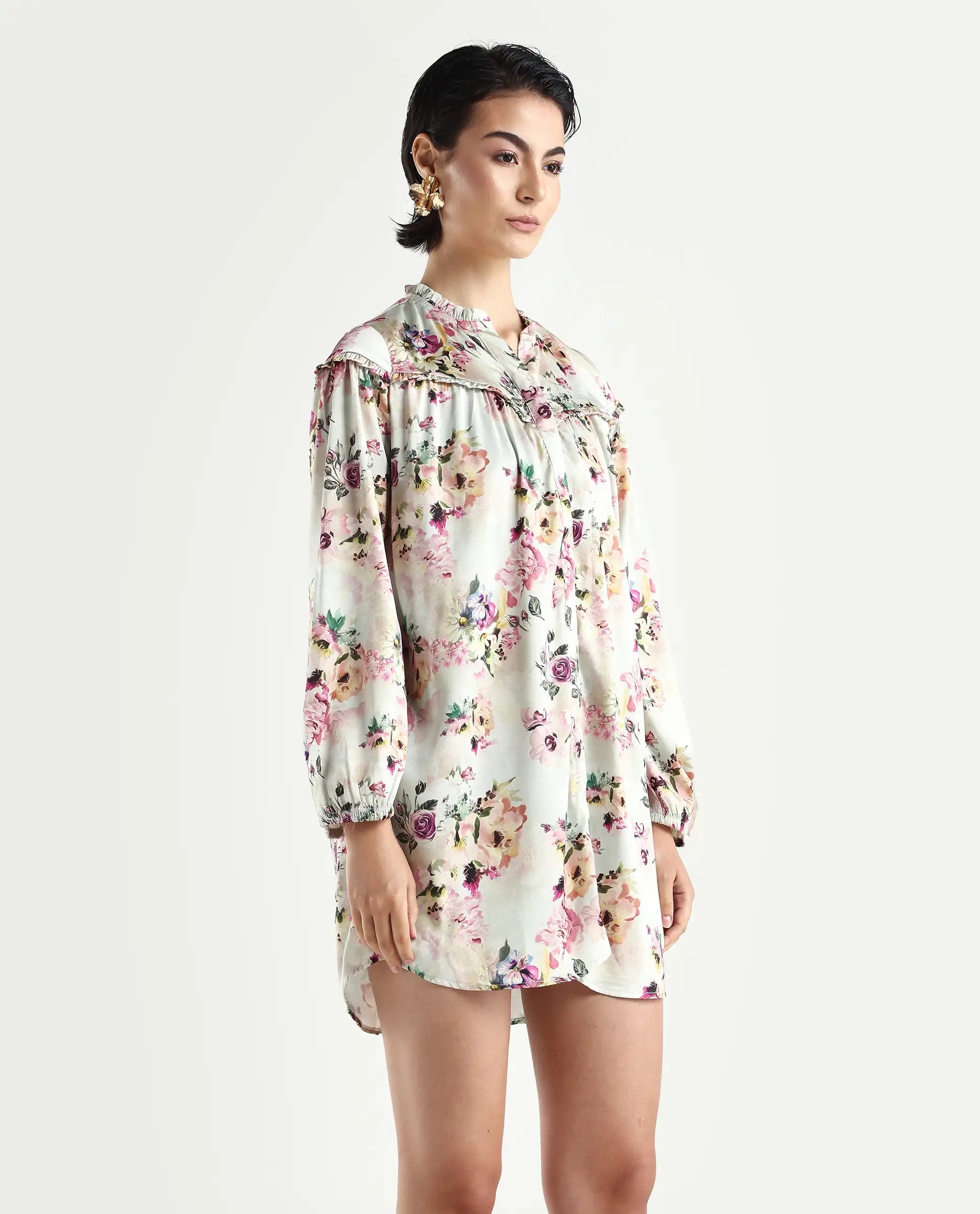 Rareism Women's Penelope Beige Polyester Ruffled Neck Floral Print Mini Regular Fit Dress