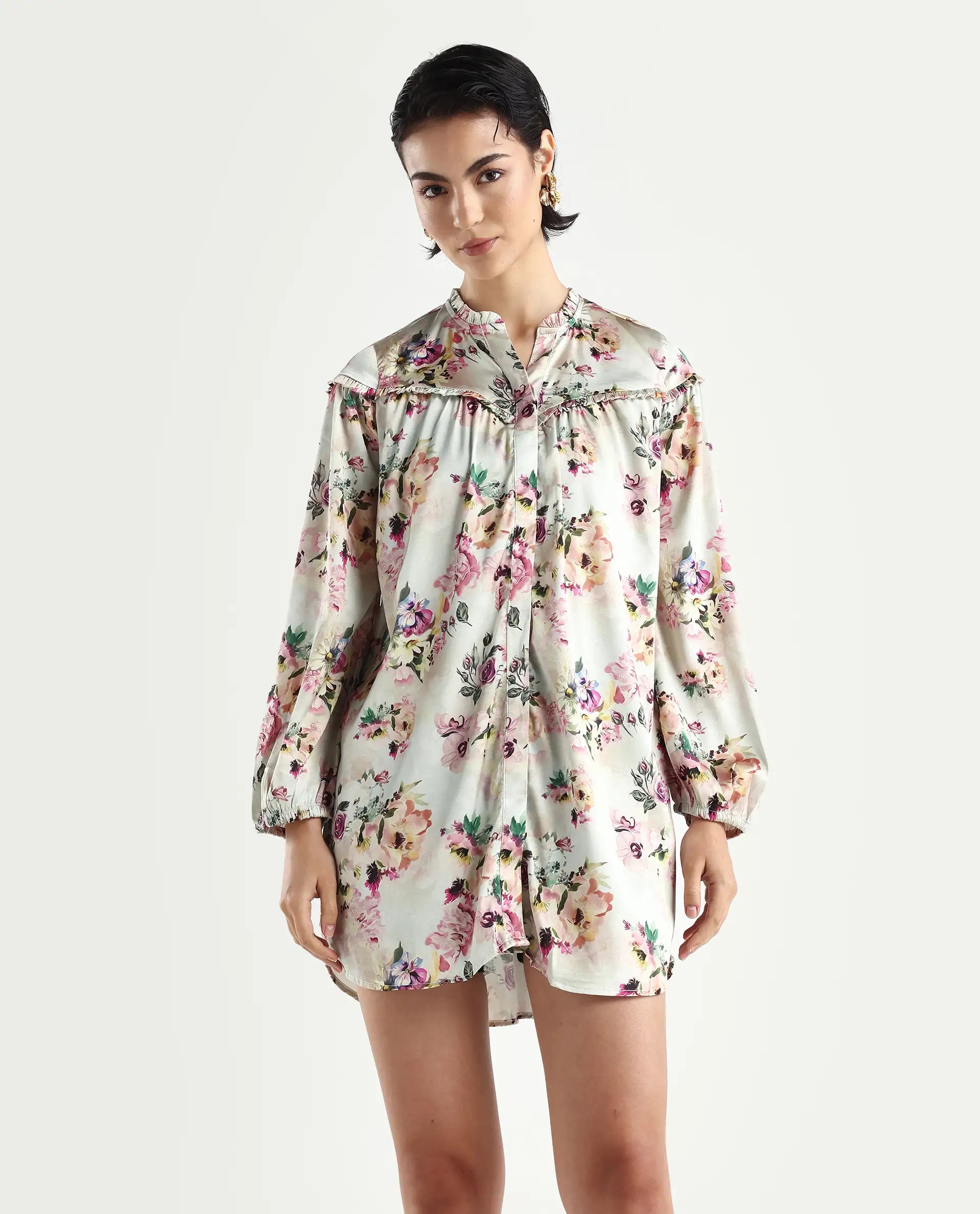 Rareism Women's Penelope Beige Polyester Ruffled Neck Floral Print Mini Regular Fit Dress