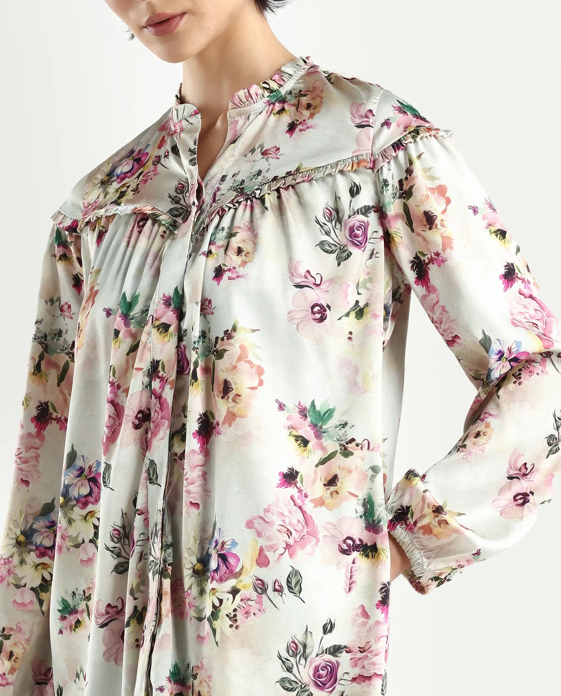 Rareism Women's Penelope Beige Polyester Ruffled Neck Floral Print Mini Regular Fit Dress