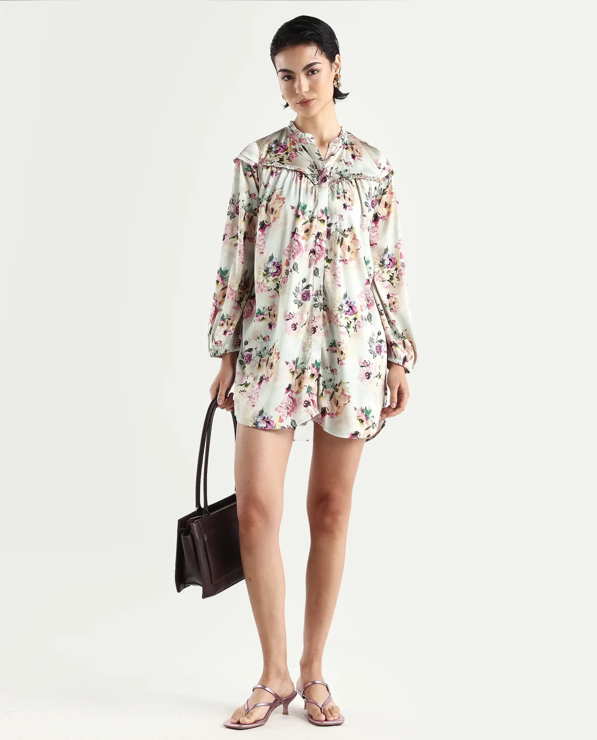 Rareism Women's Penelope Beige Polyester Ruffled Neck Floral Print Mini Regular Fit Dress