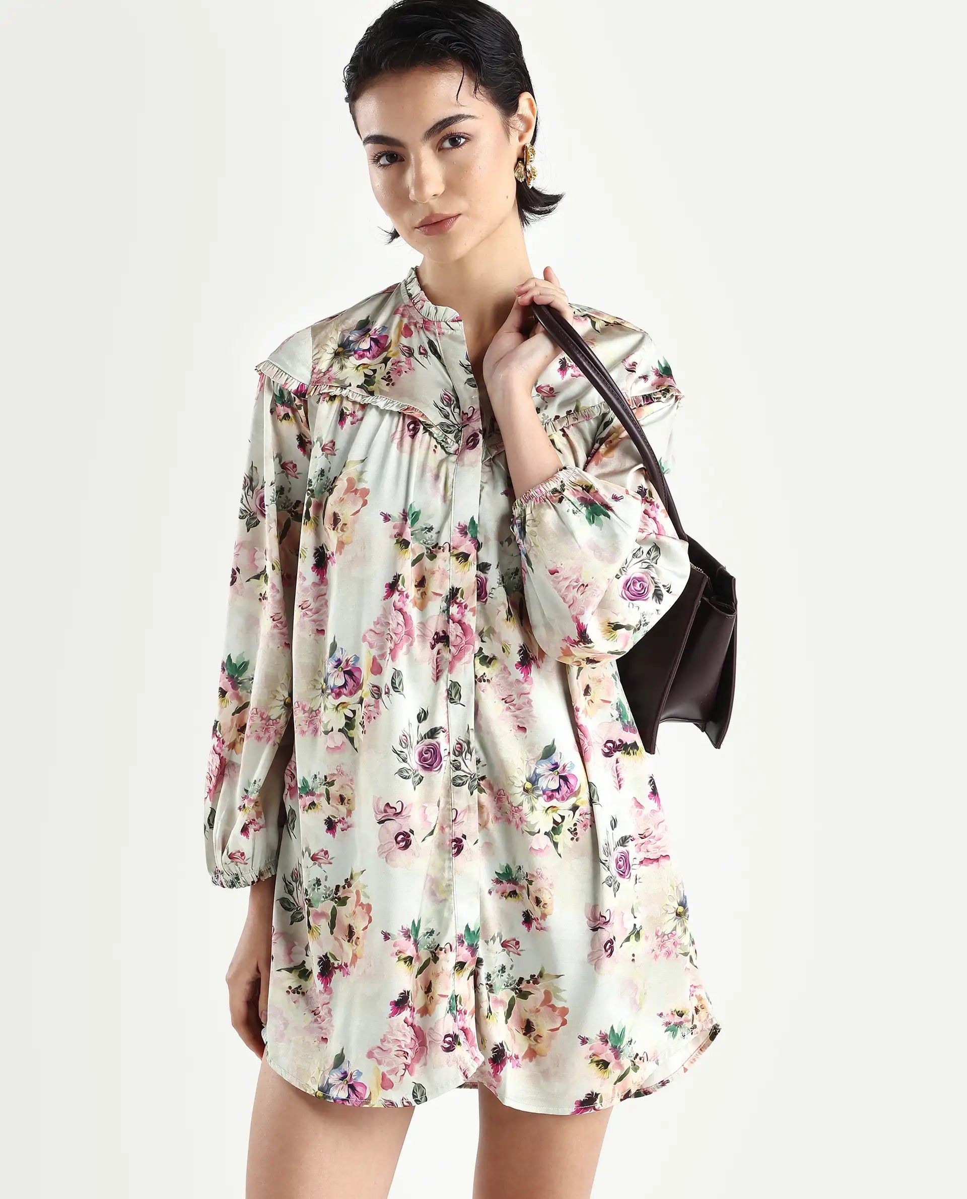 Rareism Women's Penelope Beige Polyester Ruffled Neck Floral Print Mini Regular Fit Dress