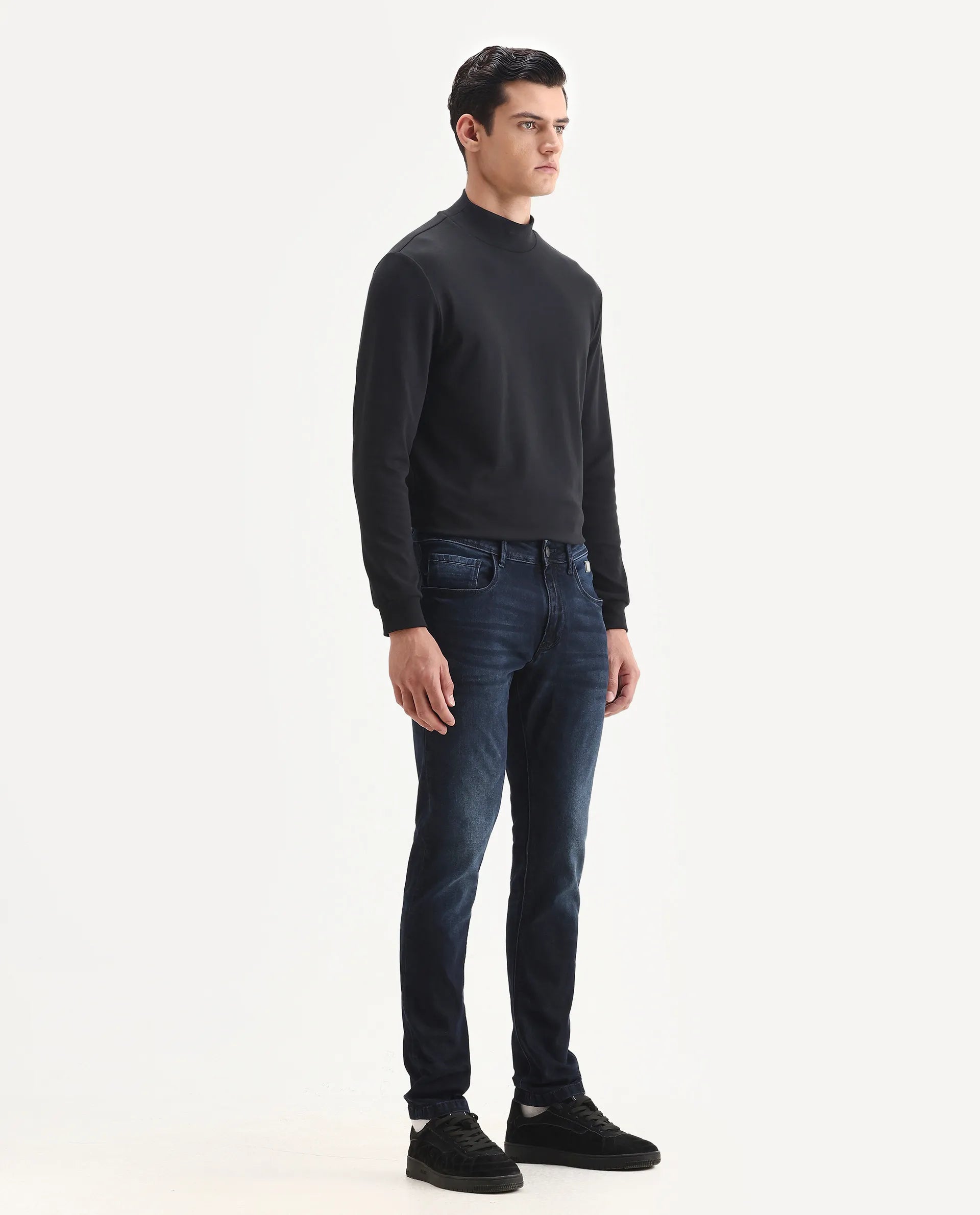 Rare Rabbit Men's Penelope Navy Cotton Plain Hawk Slim Fit Jeans