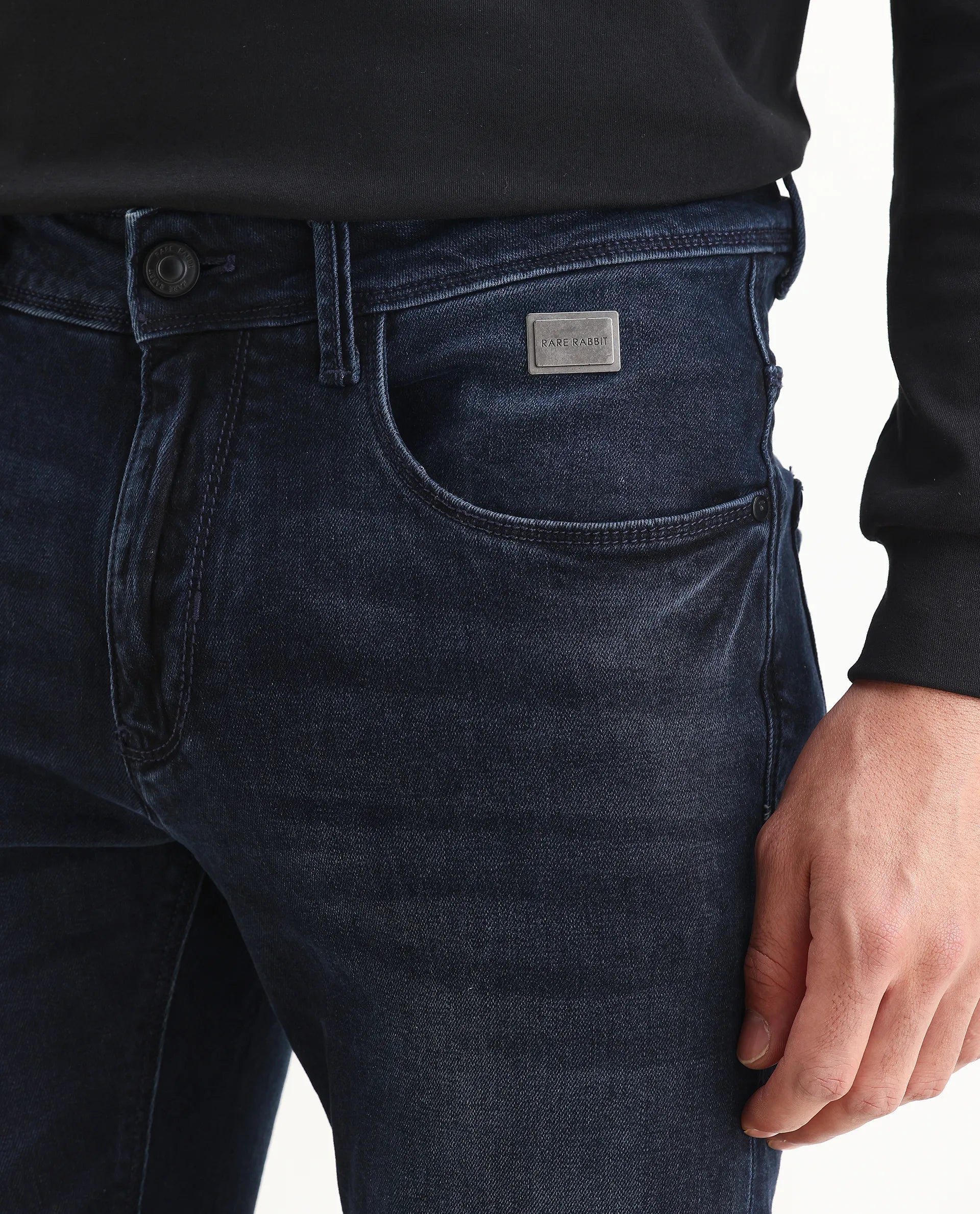 Rare Rabbit Men's Penelope Navy Cotton Plain Hawk Slim Fit Jeans
