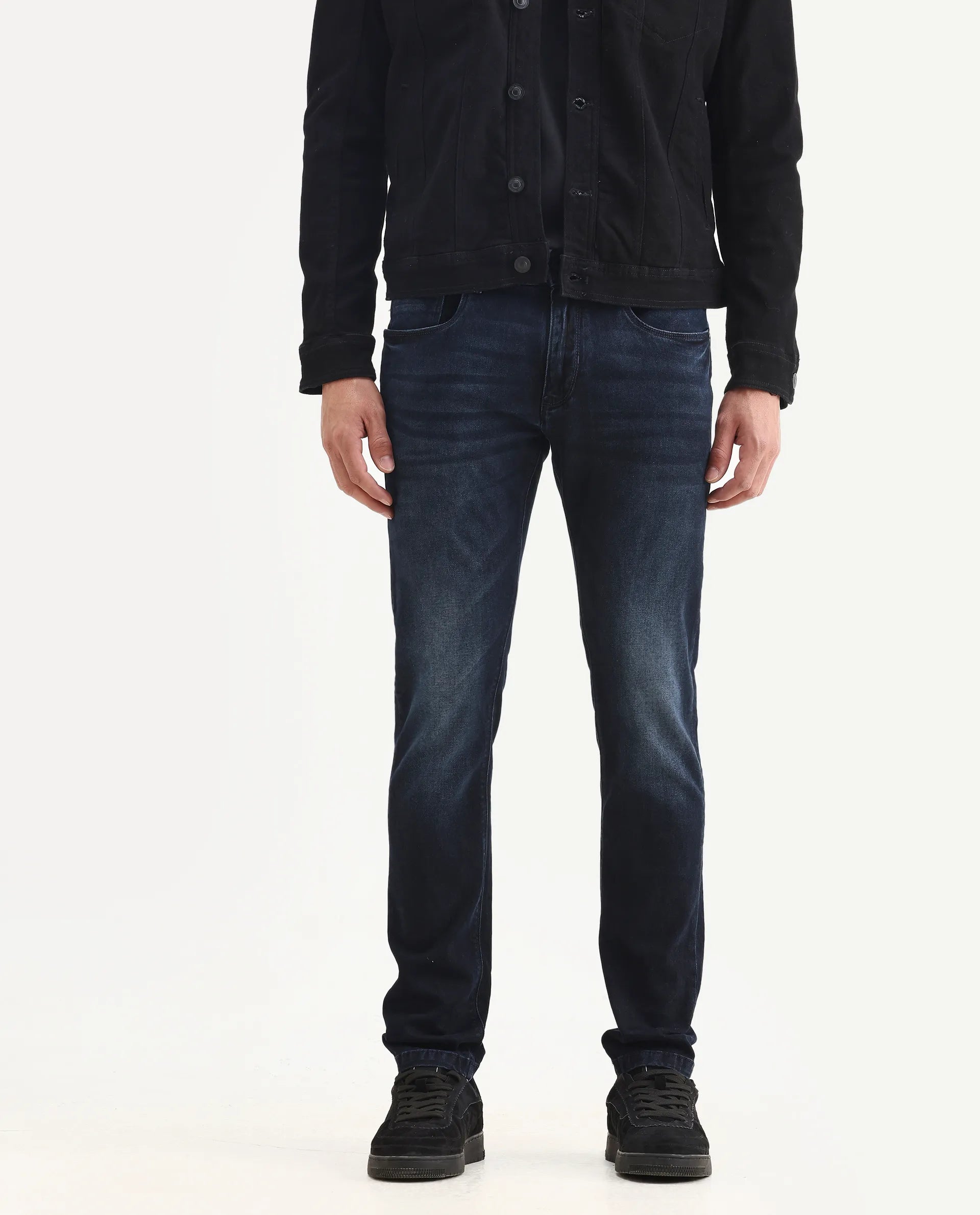 Rare Rabbit Men's Penelope Navy Cotton Plain Hawk Slim Fit Jeans