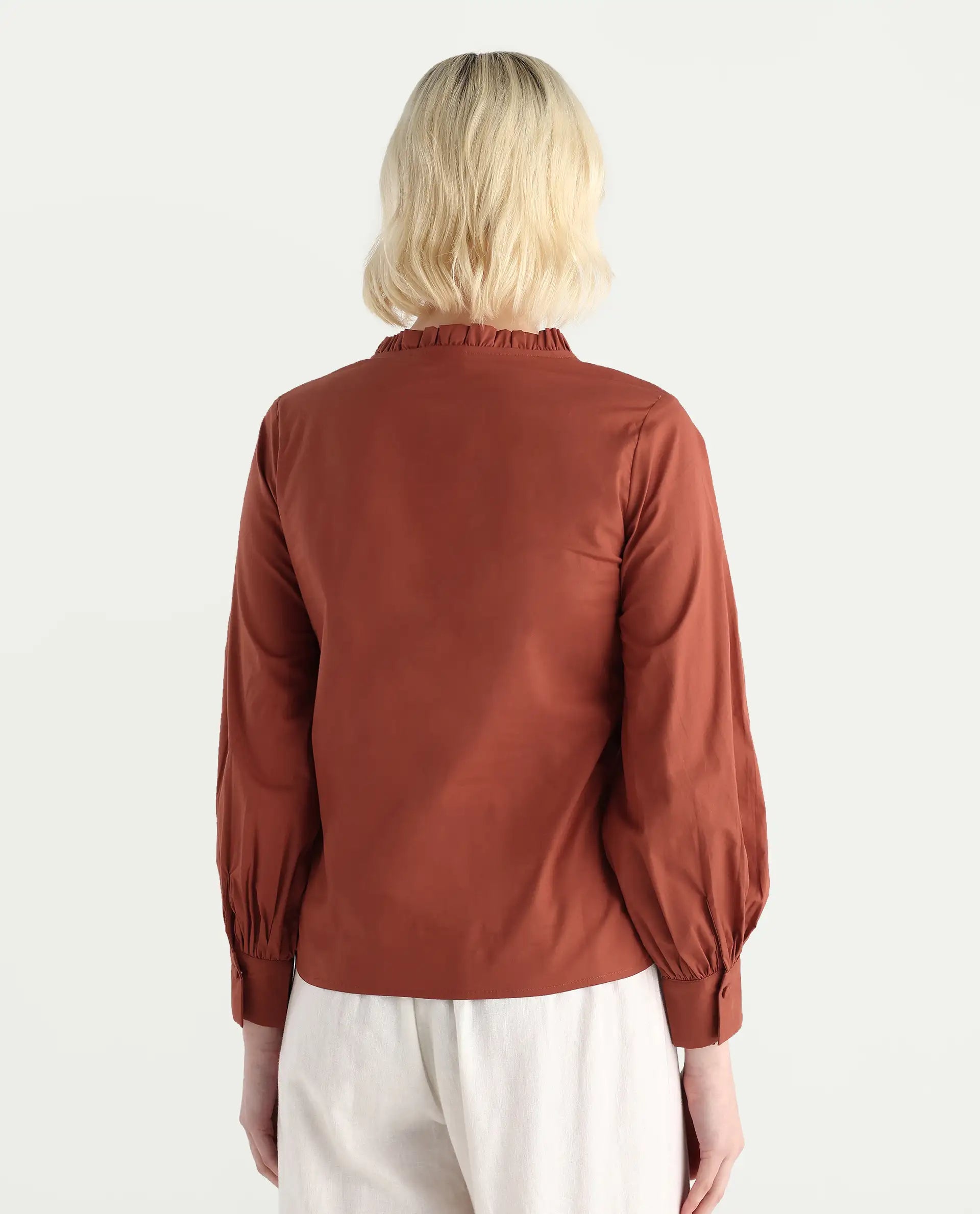Rareism Women's Penla Rust Cotton V-Neck Plain Cuffed Sleeve Regular Fit Top