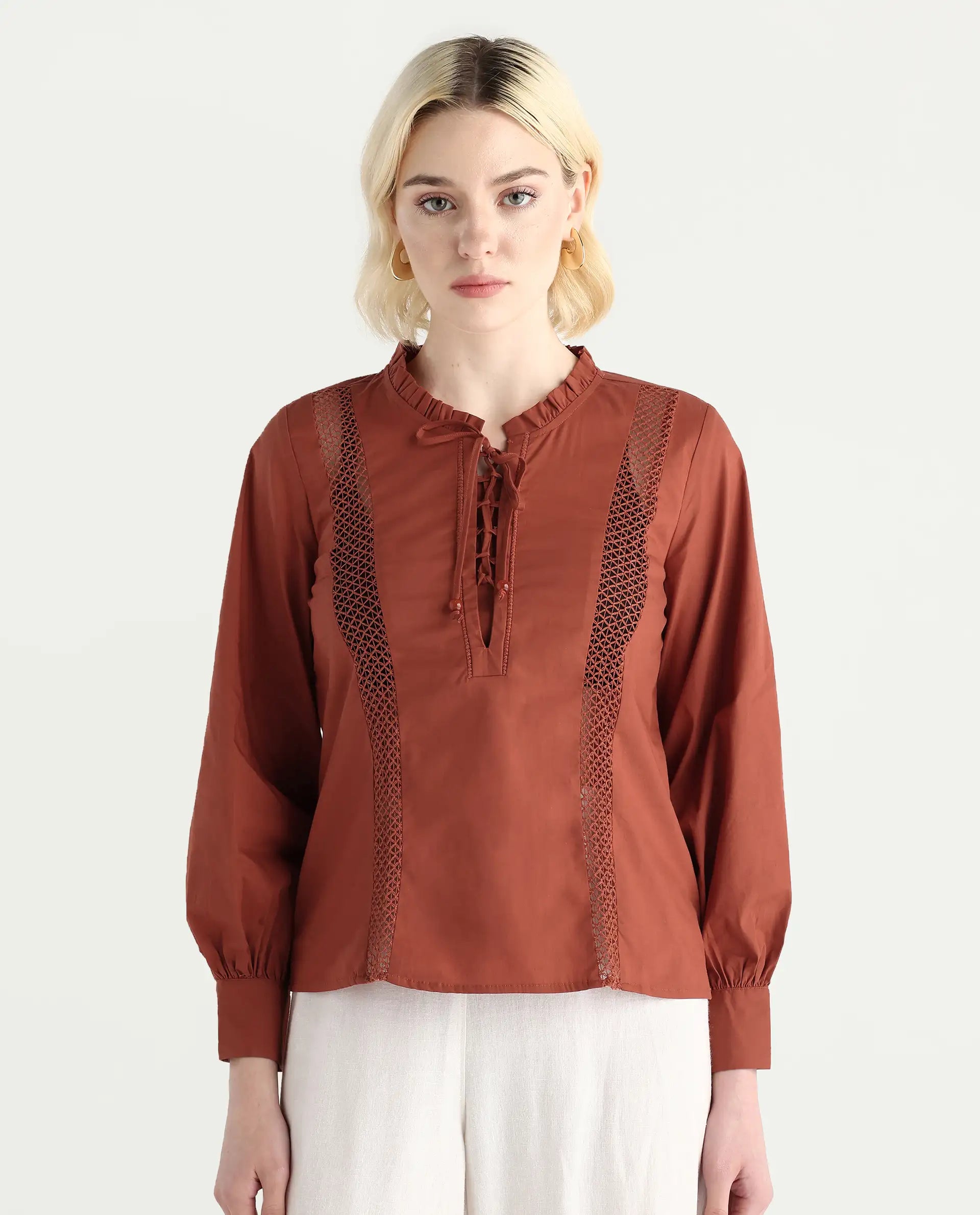 Rareism Women's Penla Rust Cotton V-Neck Plain Cuffed Sleeve Regular Fit Top