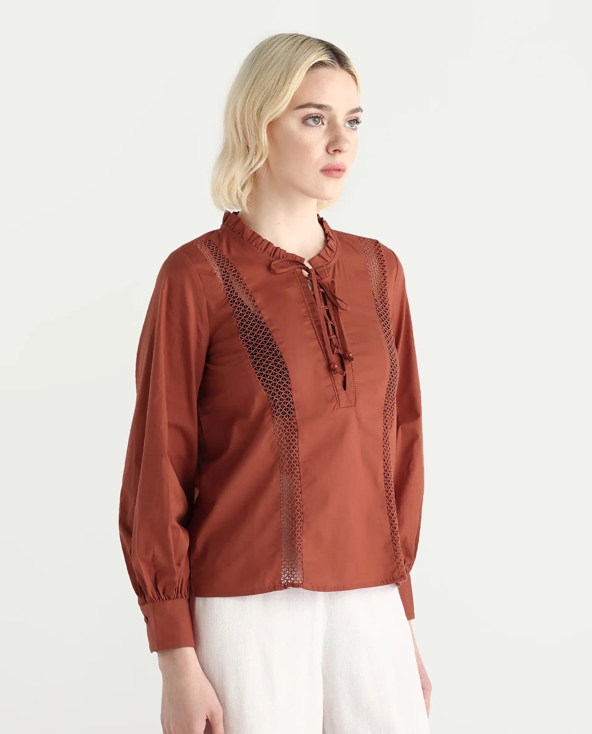 Rareism Women's Penla Rust Cotton V-Neck Plain Cuffed Sleeve Regular Fit Top