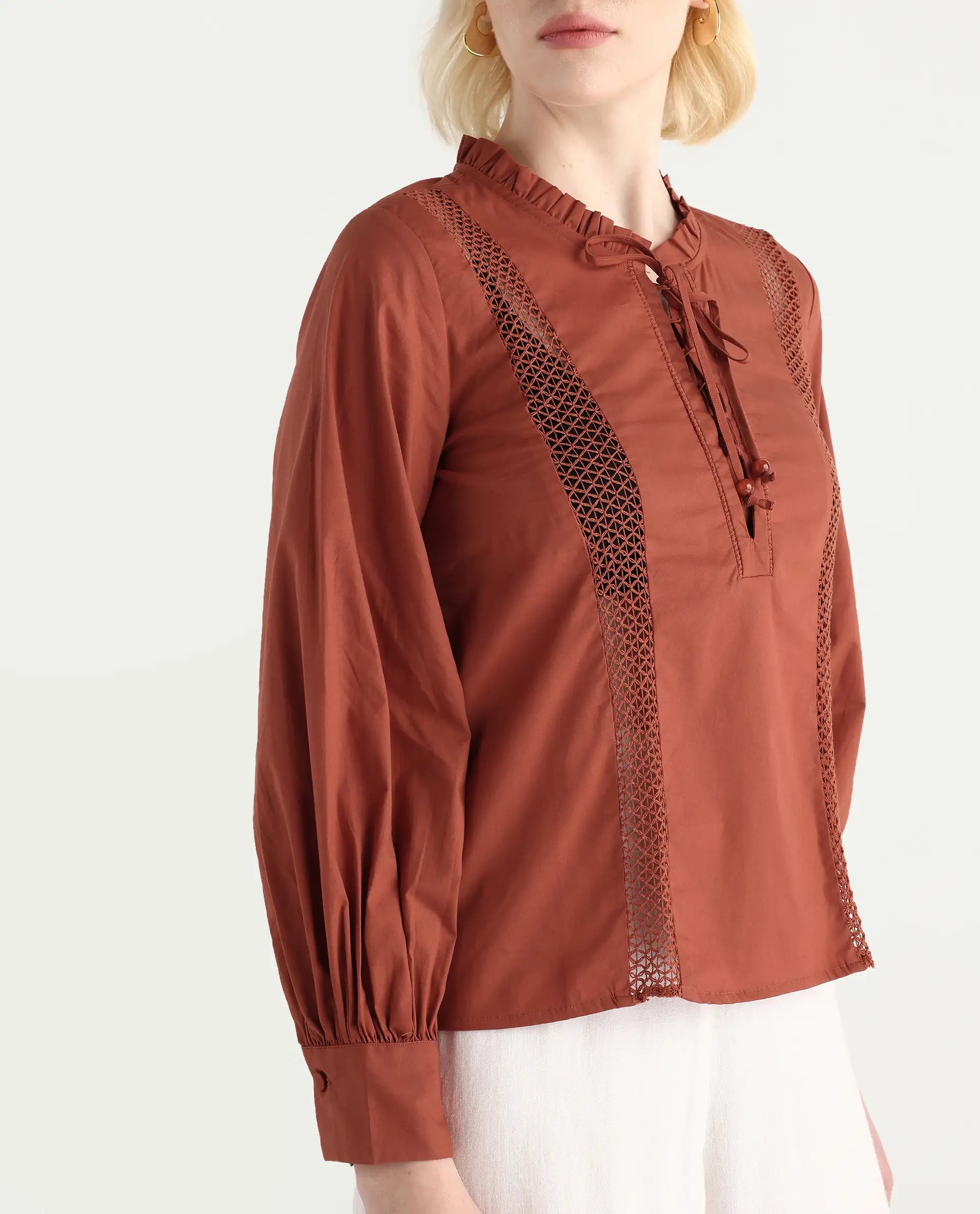 Rareism Women's Penla Rust Cotton V-Neck Plain Cuffed Sleeve Regular Fit Top