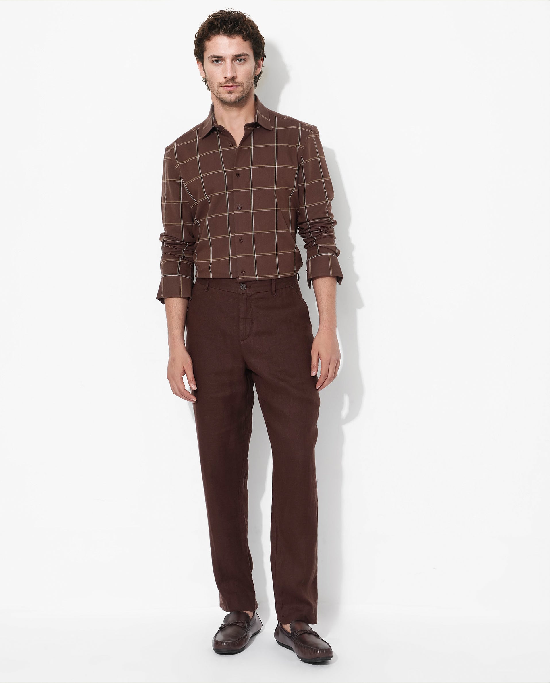 Rare Rabbit Men's Penza Brown Cotton Fabric Full Sleeve Regular Collar Slim Fit Checks Shirt