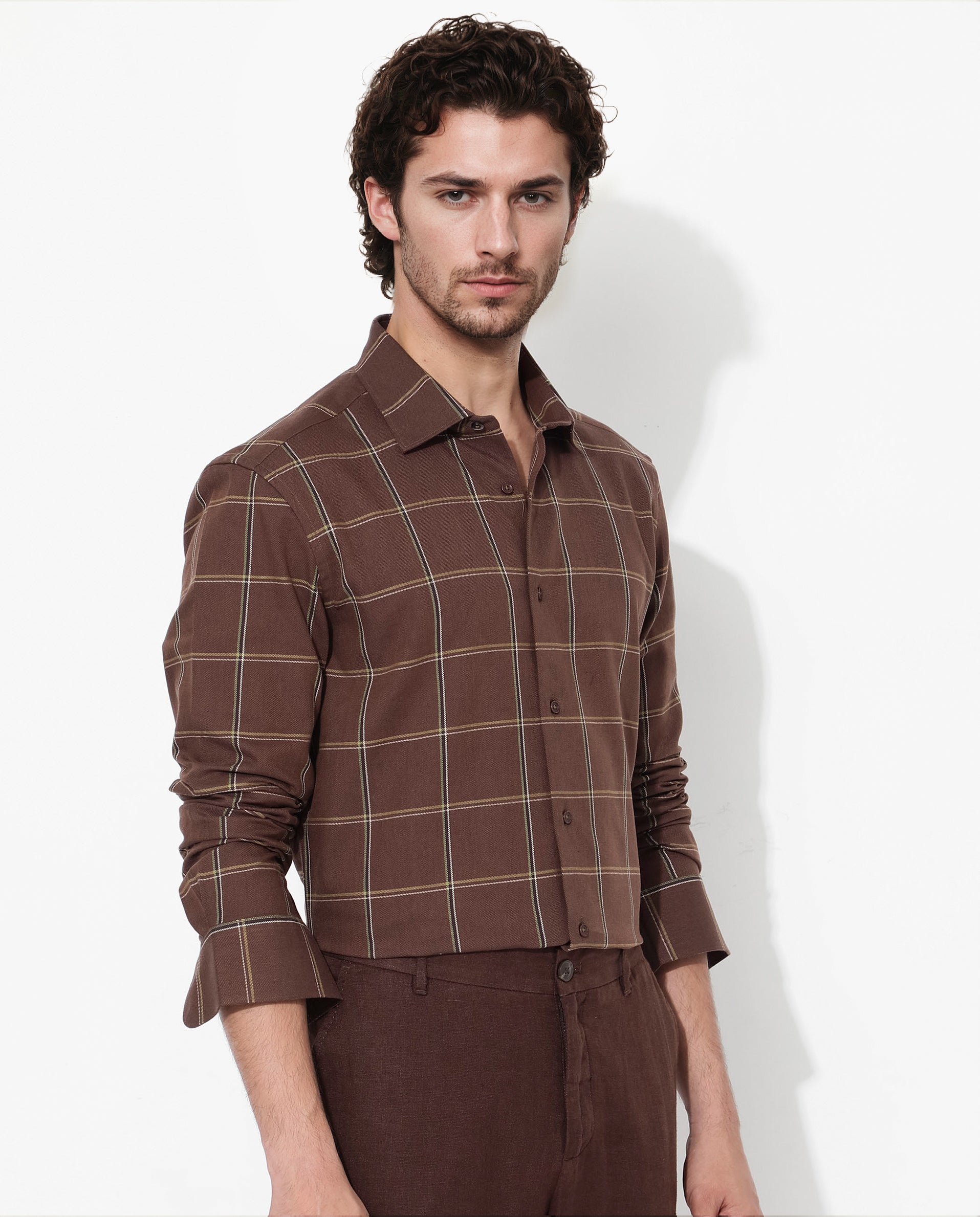 Rare Rabbit Men's Penza Brown Cotton Fabric Full Sleeve Regular Collar Slim Fit Checks Shirt