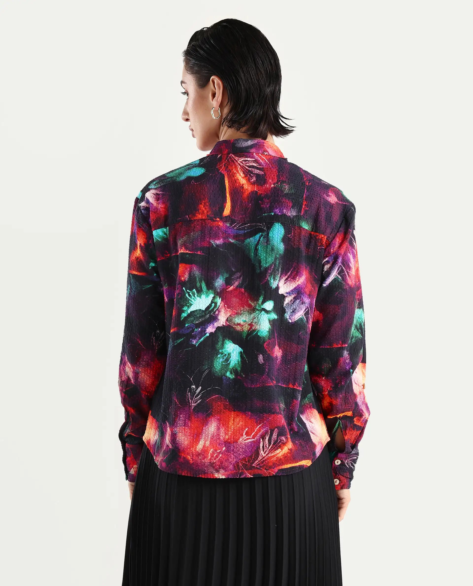 Rareism Women's Peptid Multi Cotton Blend Spread Collar Abstract Print Cuffed Sleeve Regular Fit Top