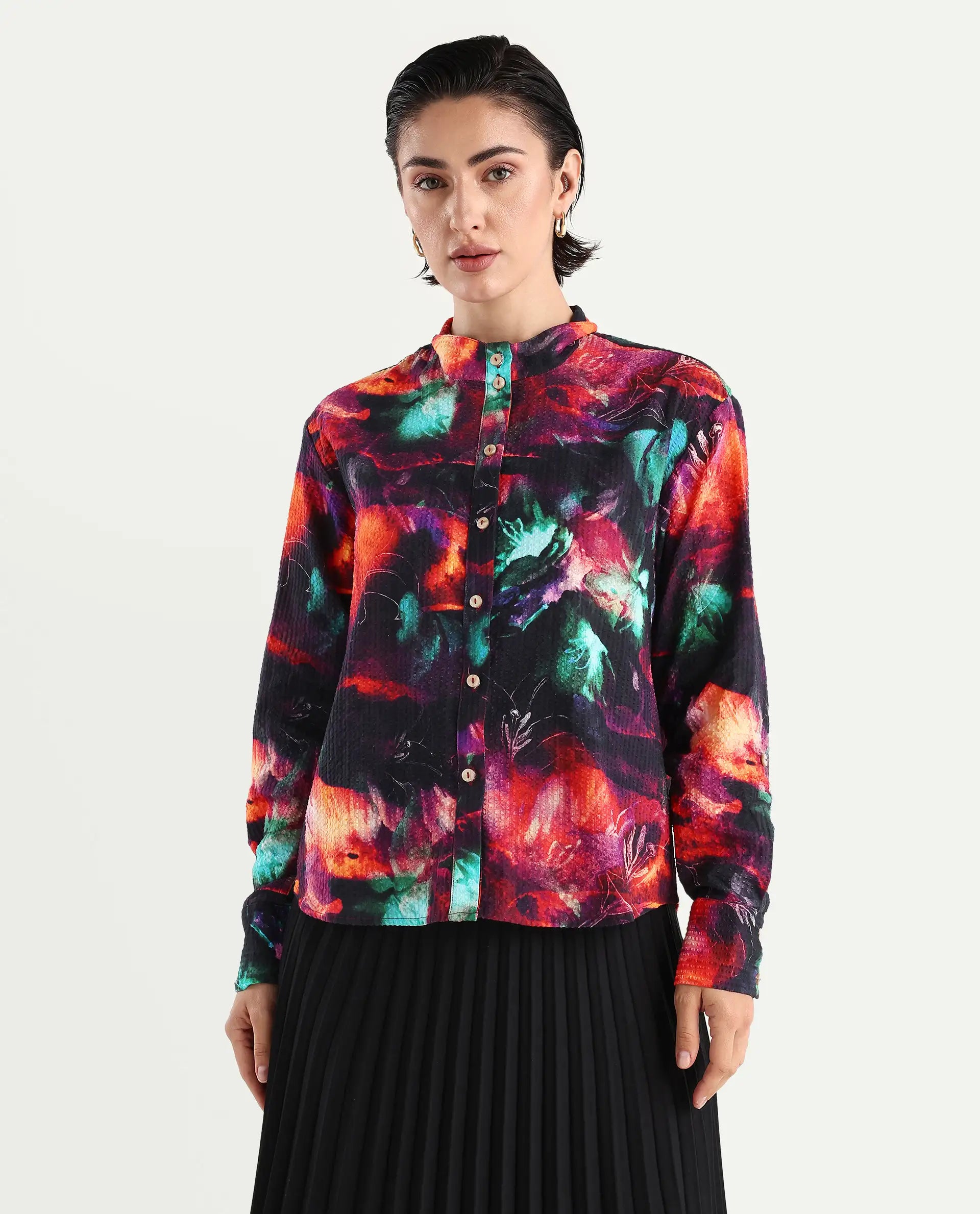 Rareism Women's Peptid Multi Cotton Blend Spread Collar Abstract Print Cuffed Sleeve Regular Fit Top