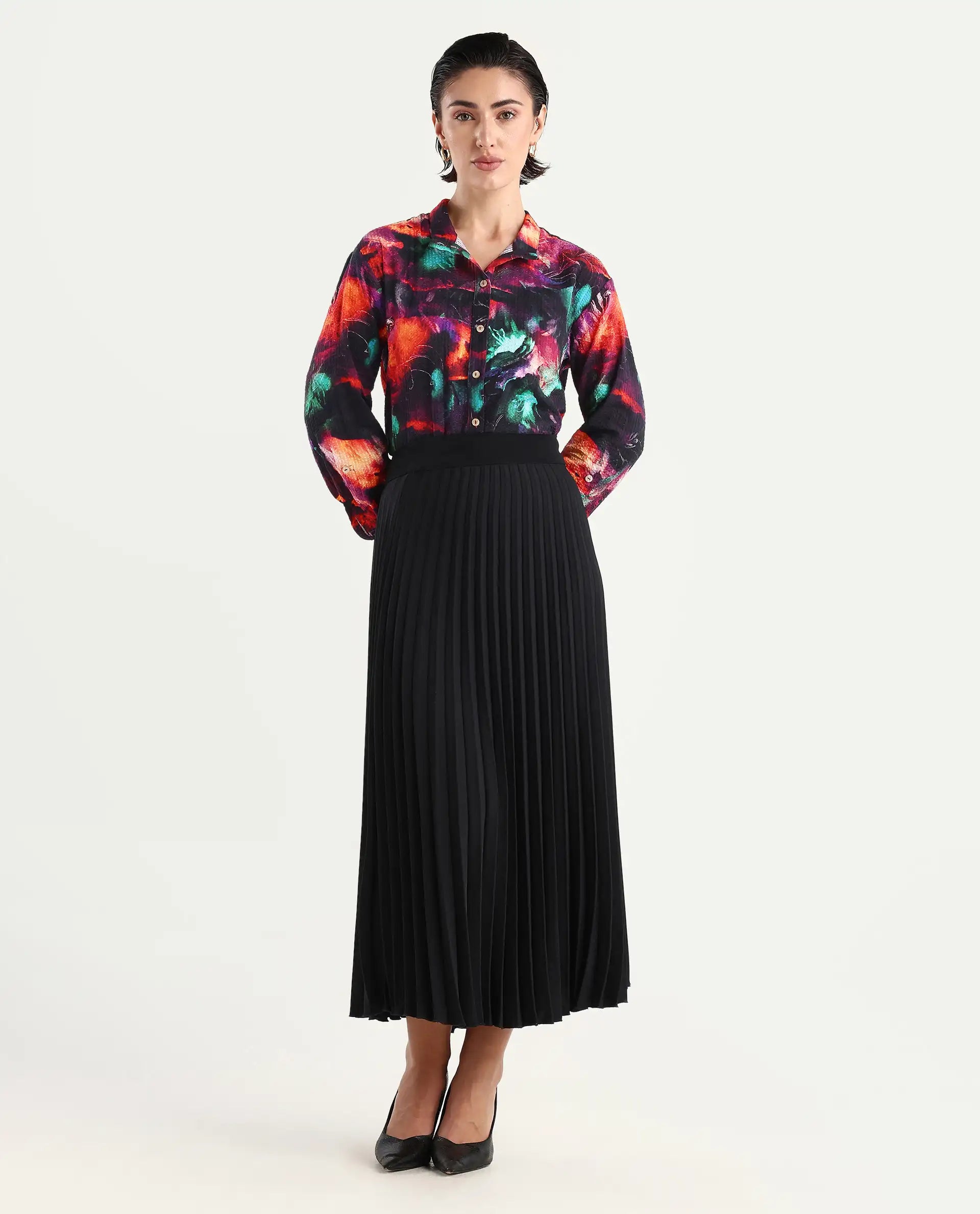 Rareism Women's Peptid Multi Cotton Blend Spread Collar Abstract Print Cuffed Sleeve Regular Fit Top