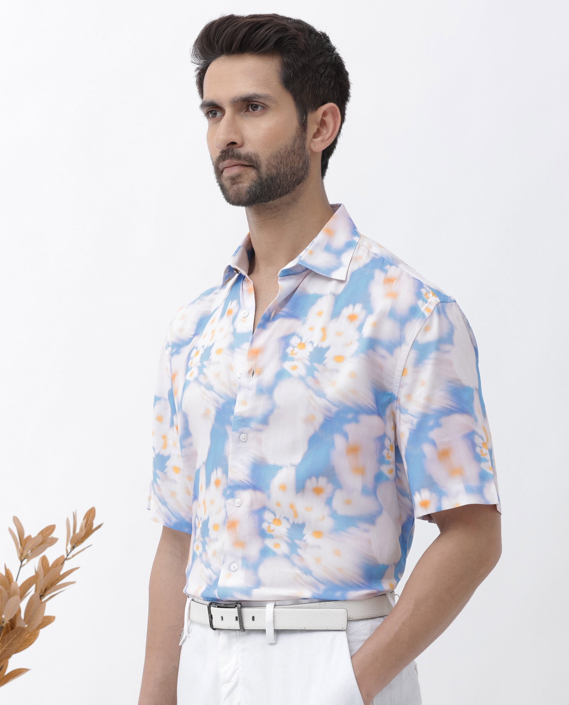 Rare Rabbit Mens Percim Blue Viscose Fabric Short Sleeve Boxy Fit Floral Print Shirt