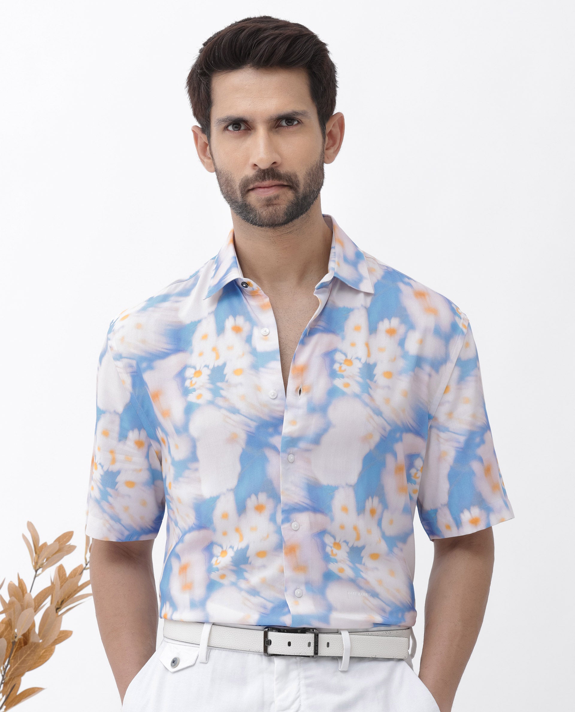 Rare Rabbit Mens Percim Blue Viscose Fabric Short Sleeve Boxy Fit Floral Print Shirt