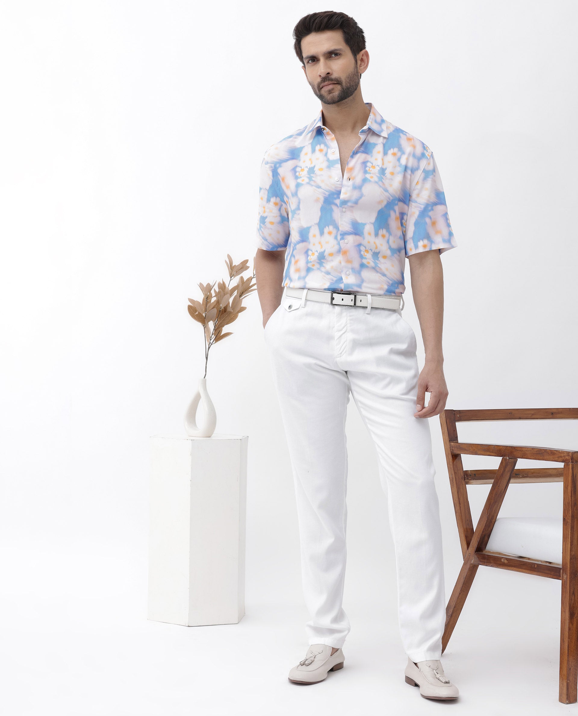 Rare Rabbit Mens Percim Blue Viscose Fabric Short Sleeve Boxy Fit Floral Print Shirt