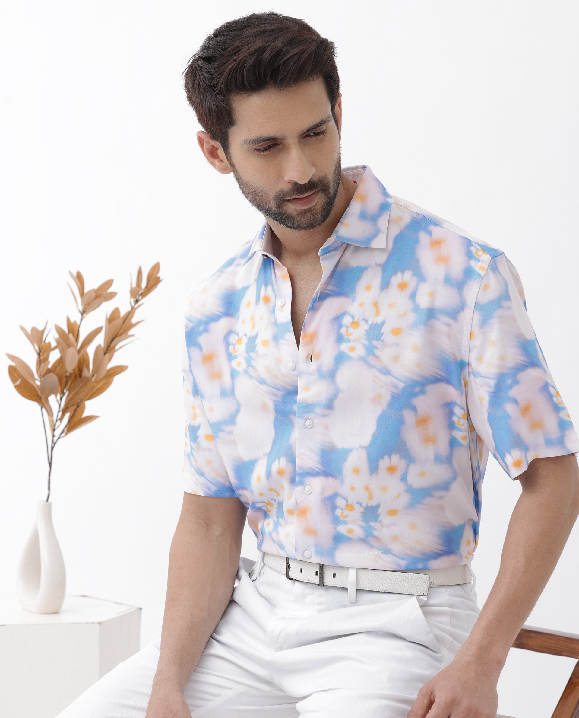 Rare Rabbit Mens Percim Blue Viscose Fabric Short Sleeve Boxy Fit Floral Print Shirt