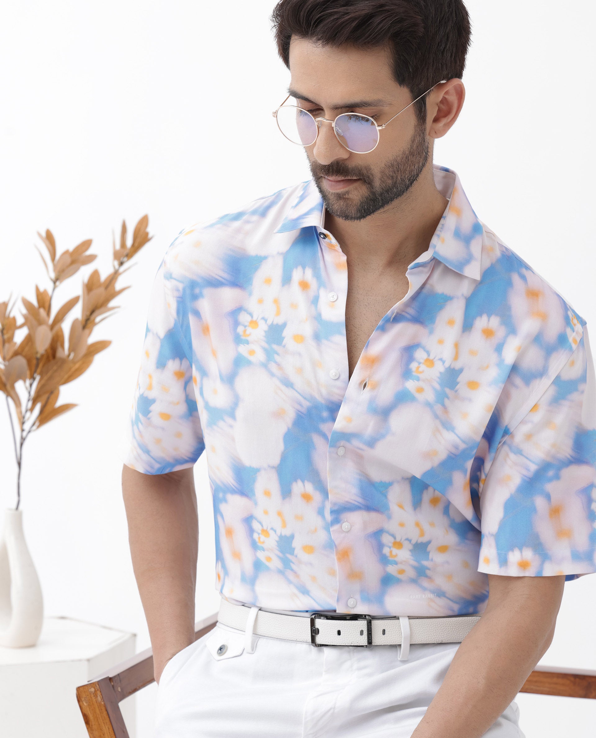 Rare Rabbit Mens Percim Blue Viscose Fabric Short Sleeve Boxy Fit Floral Print Shirt