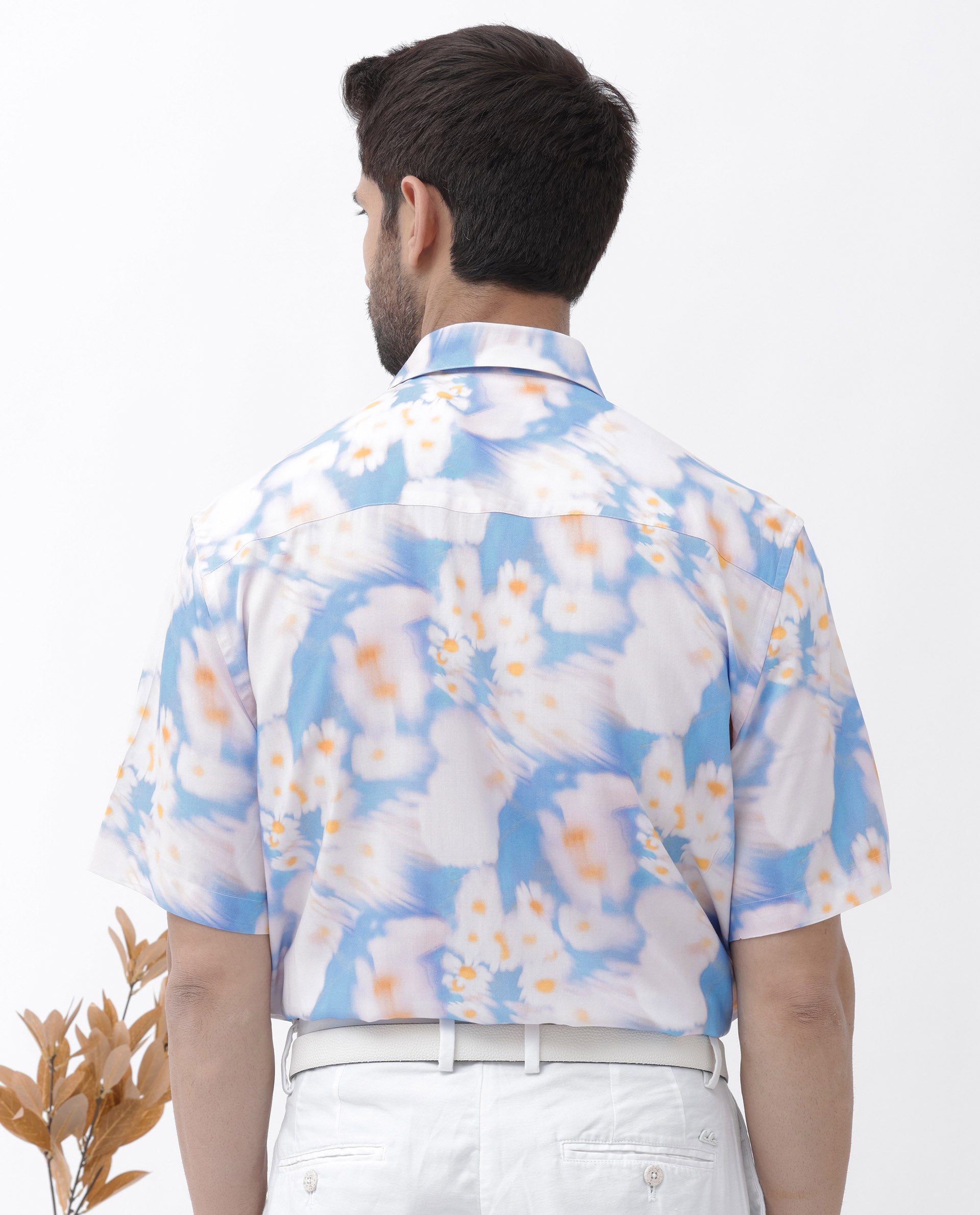 Rare Rabbit Mens Percim Blue Viscose Fabric Short Sleeve Boxy Fit Floral Print Shirt