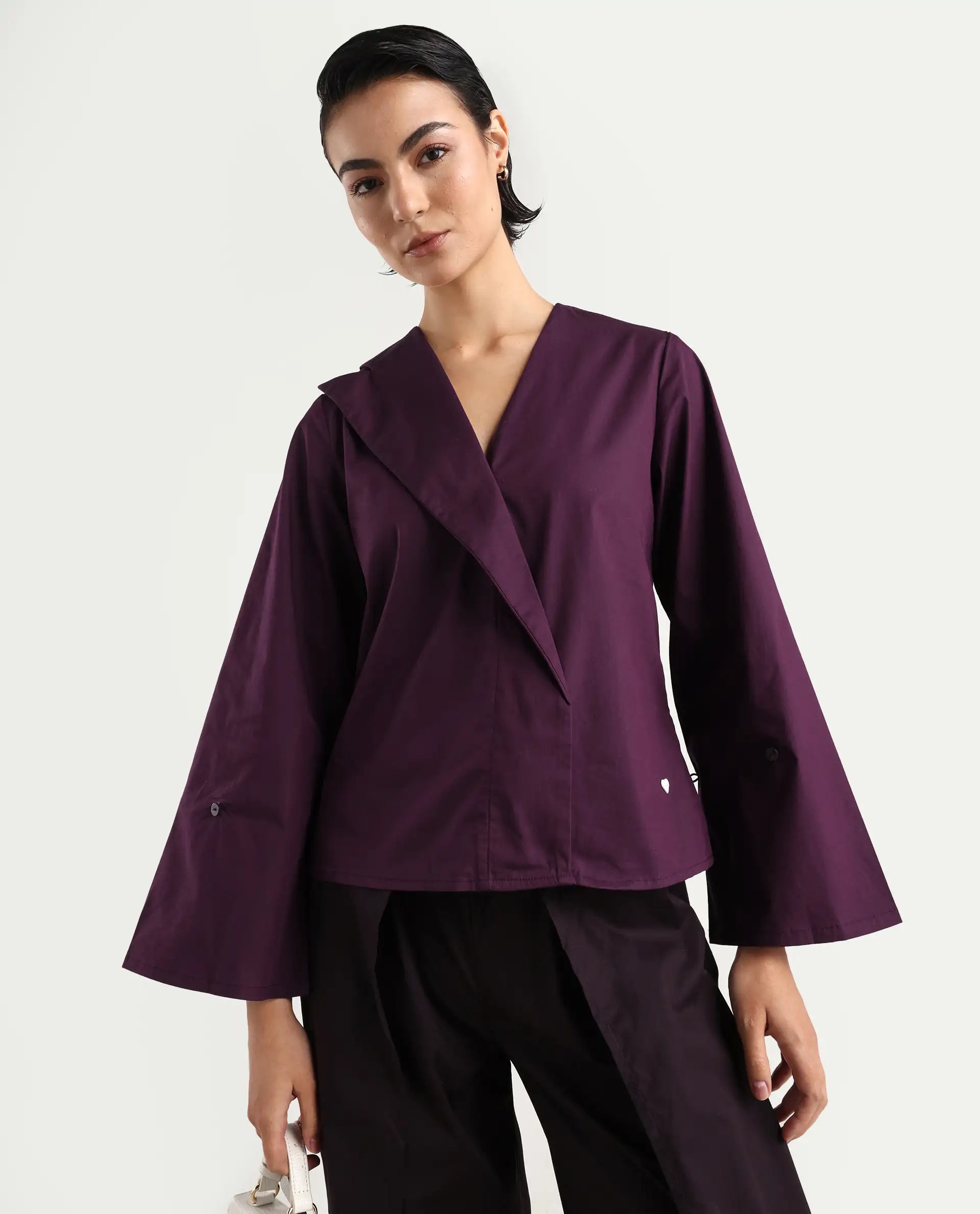 Rareism Women's Perdu Purple Cotton Blend V-Neck Plain Bell Sleeve Regular Fit Top