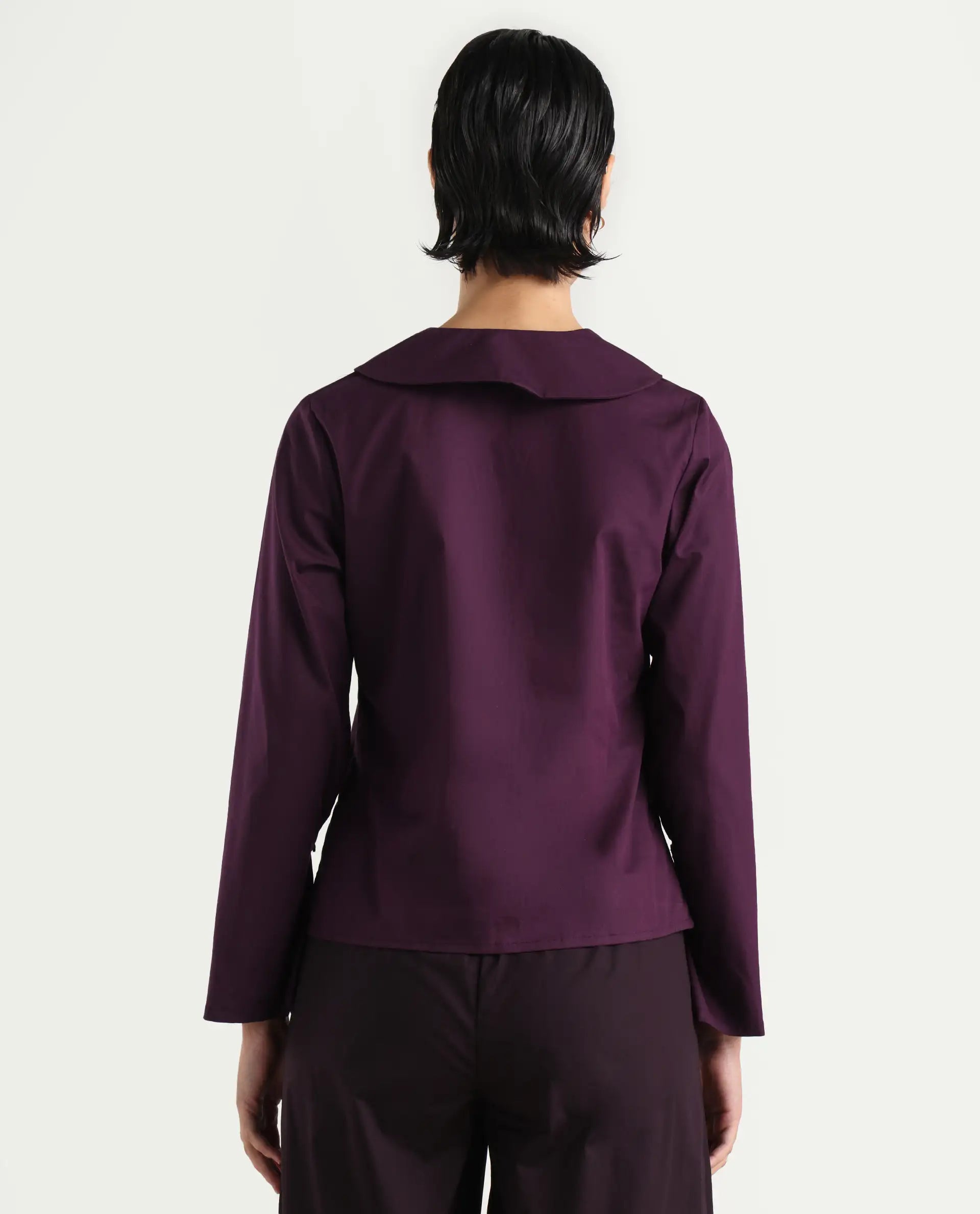 Rareism Women's Perdu Purple Cotton Blend V-Neck Plain Bell Sleeve Regular Fit Top