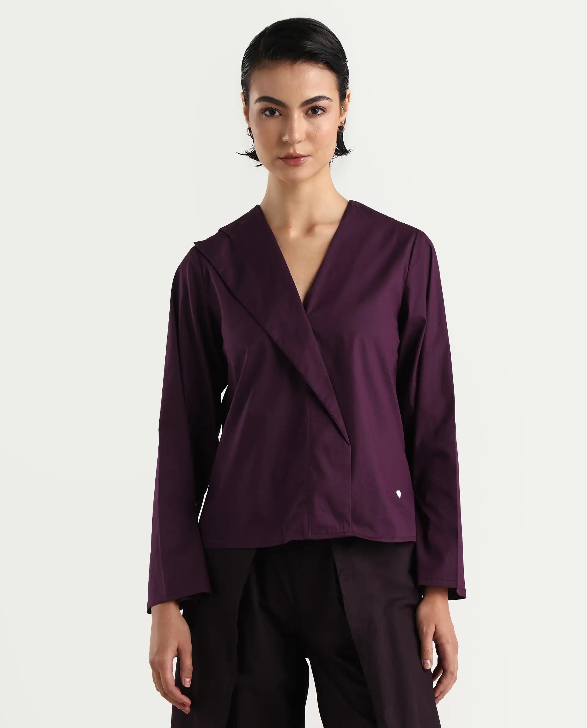 Rareism Women's Perdu Purple Cotton Blend V-Neck Plain Bell Sleeve Regular Fit Top