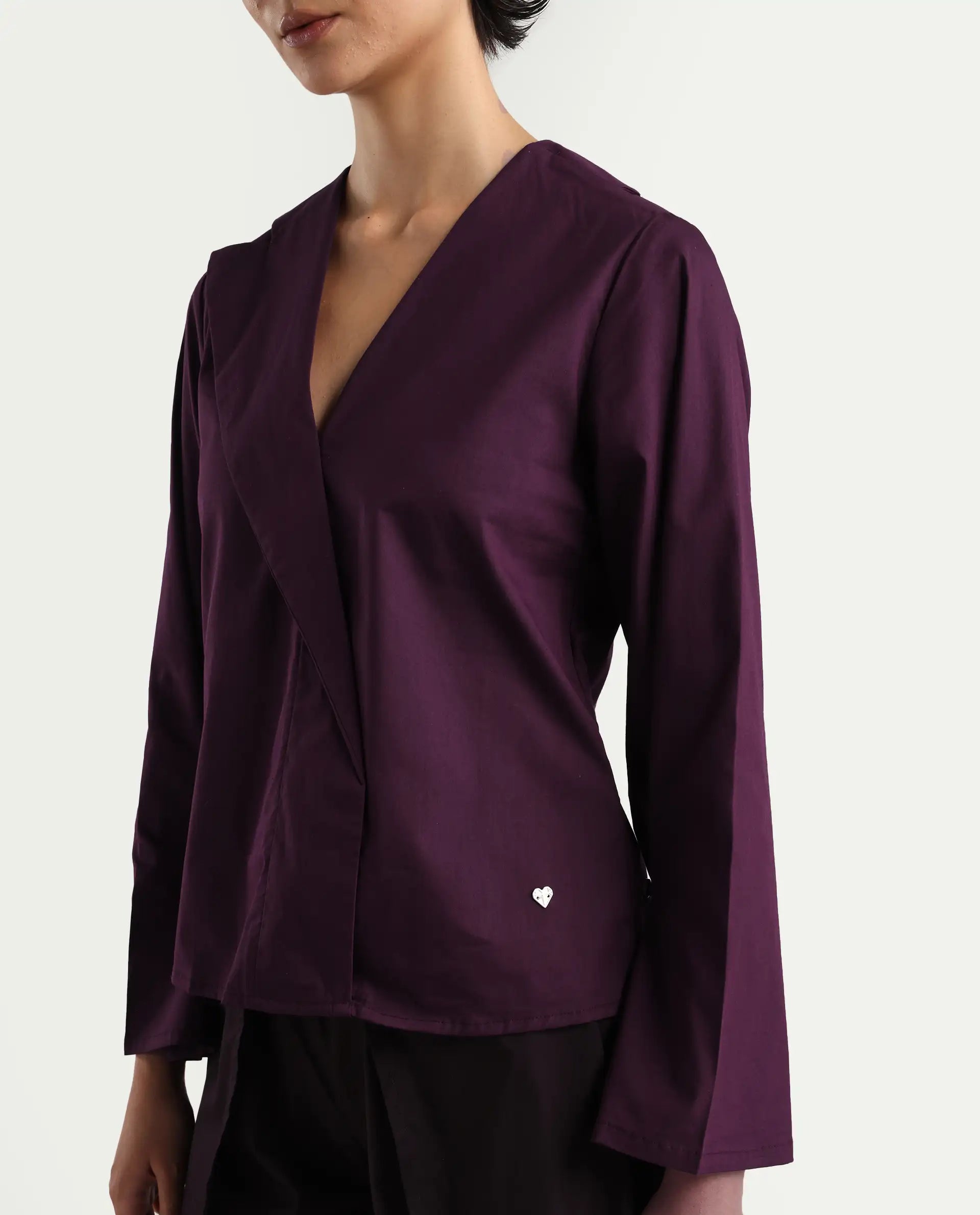 Rareism Women's Perdu Purple Cotton Blend V-Neck Plain Bell Sleeve Regular Fit Top