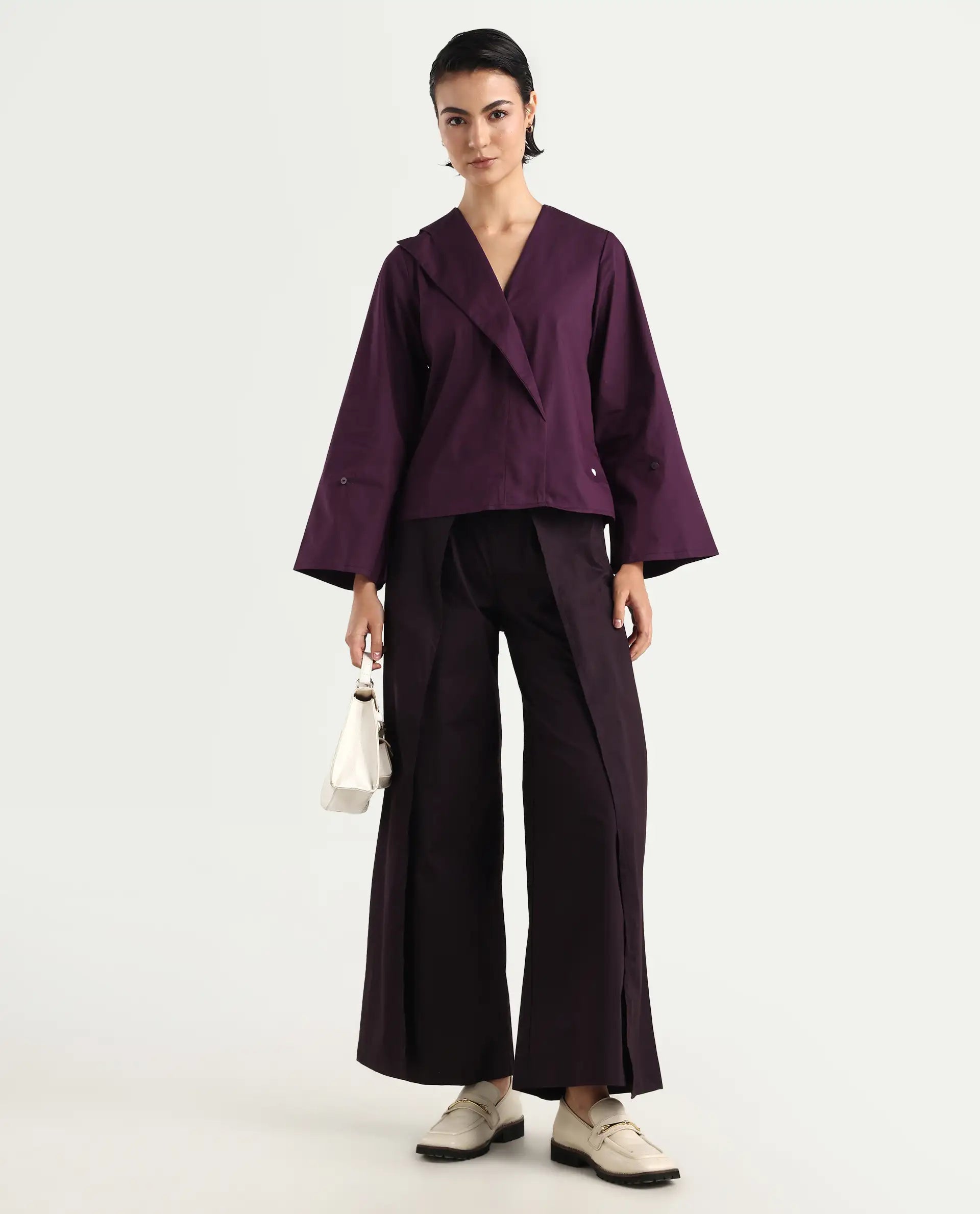 Rareism Women's Perdu Purple Cotton Blend V-Neck Plain Bell Sleeve Regular Fit Top