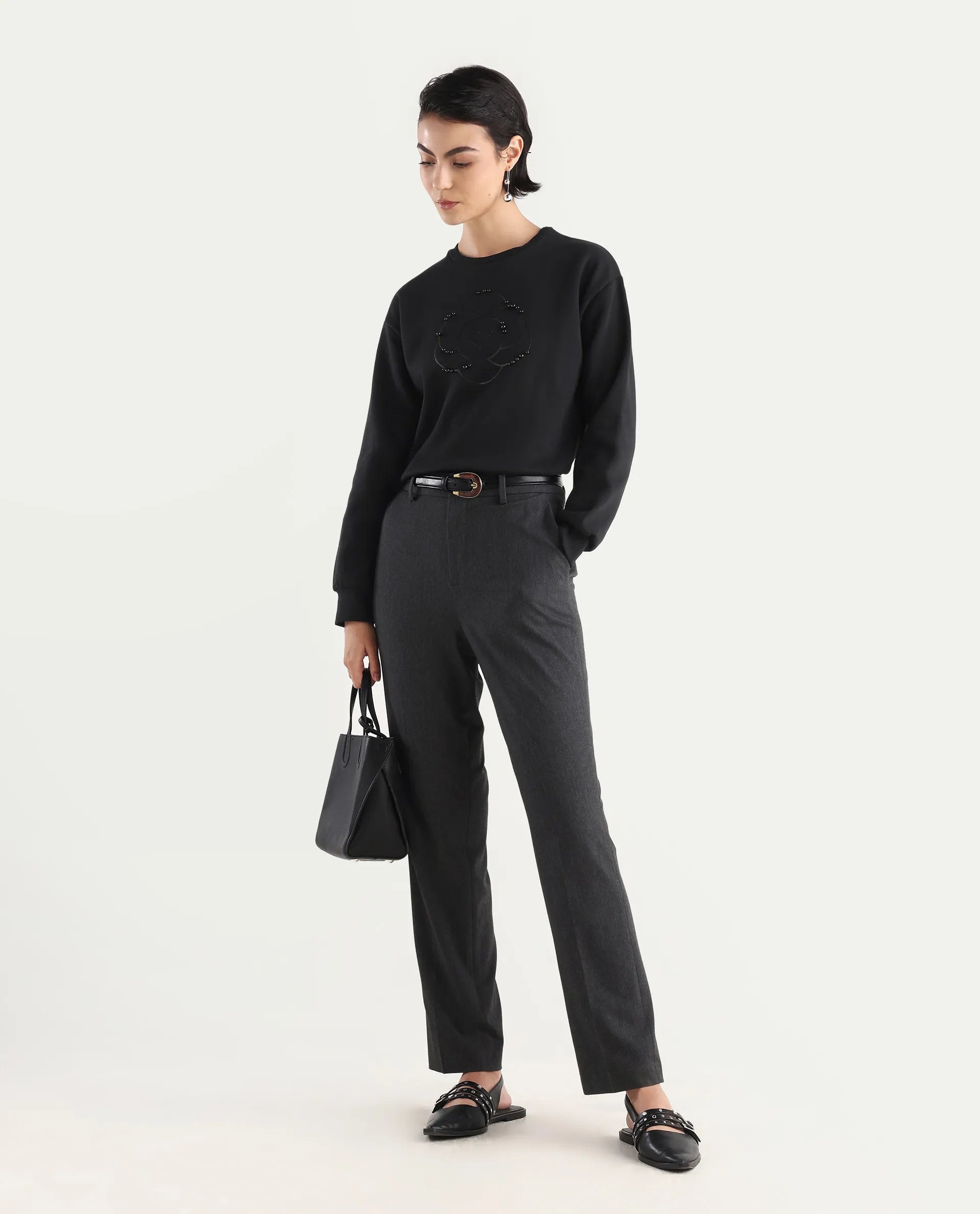 Rareism Women's Pere Black Cotton Blend Crew Neck Graphic Print Relaxed Fit Sweatshirt