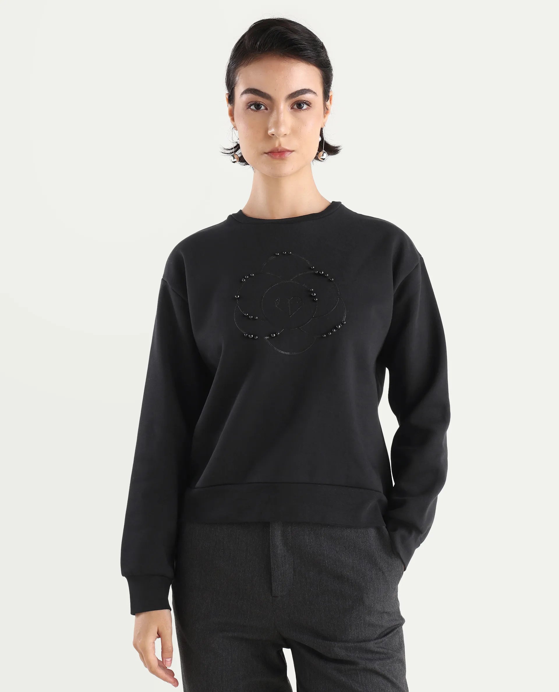 Rareism Women's Pere Black Cotton Blend Crew Neck Graphic Print Relaxed Fit Sweatshirt