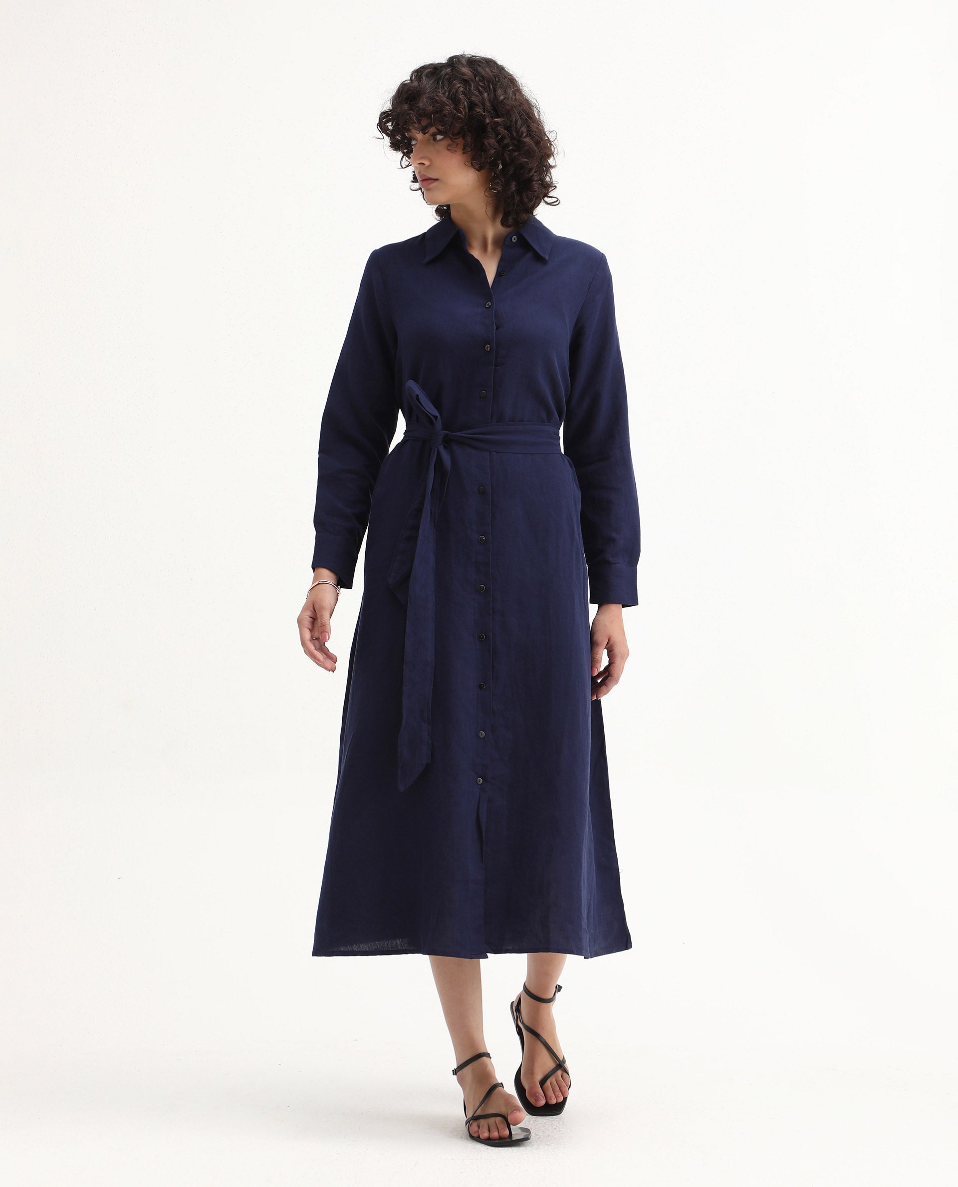 Rareism Women's Perif Dark Navy Cotton Blend Drop Collar Plain Cuffed Sleeve Midi A-Line Dress